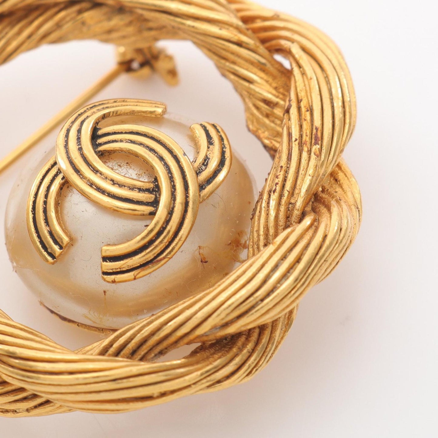 Chanel Coco Mark Brooch, Gold Plated with Faux Pearls, Women's, and White