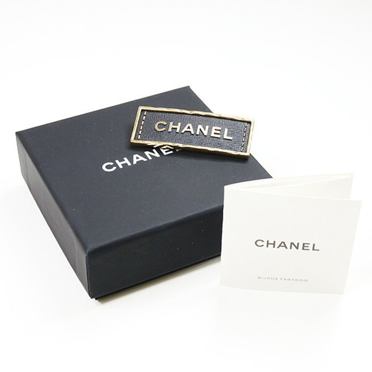 CHANEL Brooch Metal Leather Gold Black Tag A23S