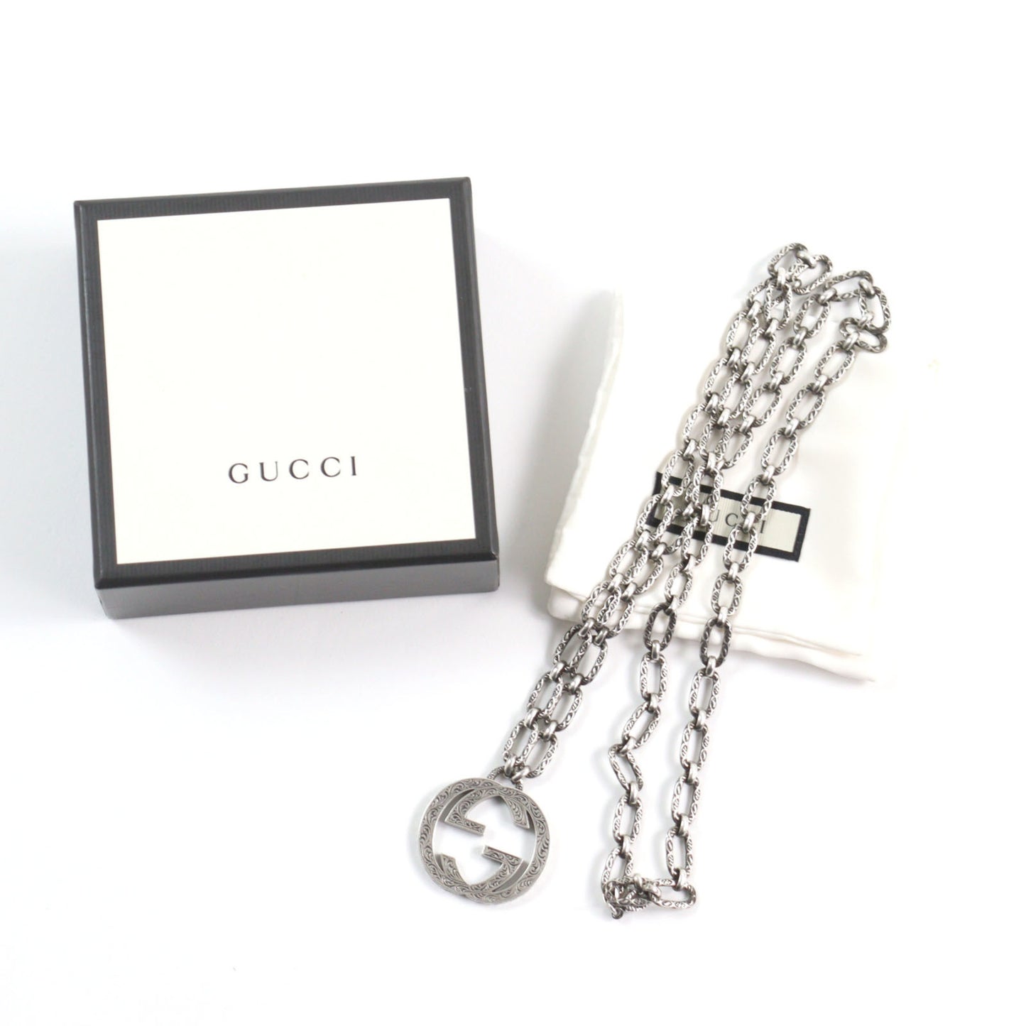 GUCCI 524890 Arabesque Interlocking G Textured Long Chain Necklace, AG925 Silver, with Box and Dust Bag, Made in Italy, Men's