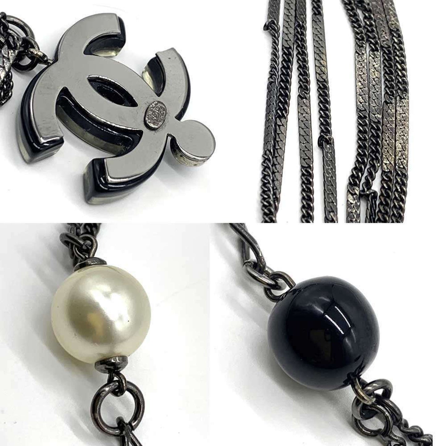 Chanel 2-strand necklace Coco Mark fake pearl stone black gunmetal 06A CHANEL A rank