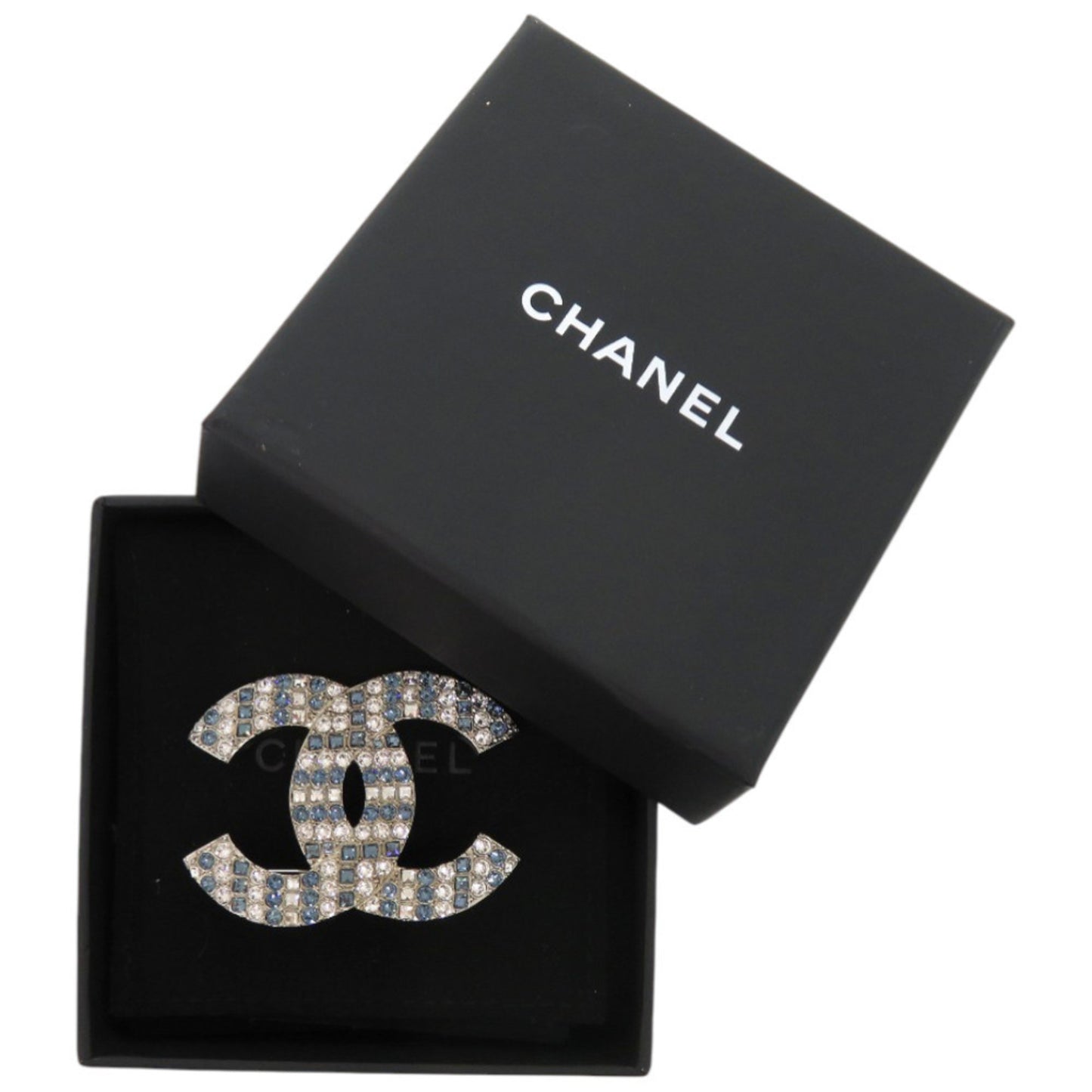 Chanel Coco Mark Rhinestone Metal Silver and Blue Brooch 1673CHANEL