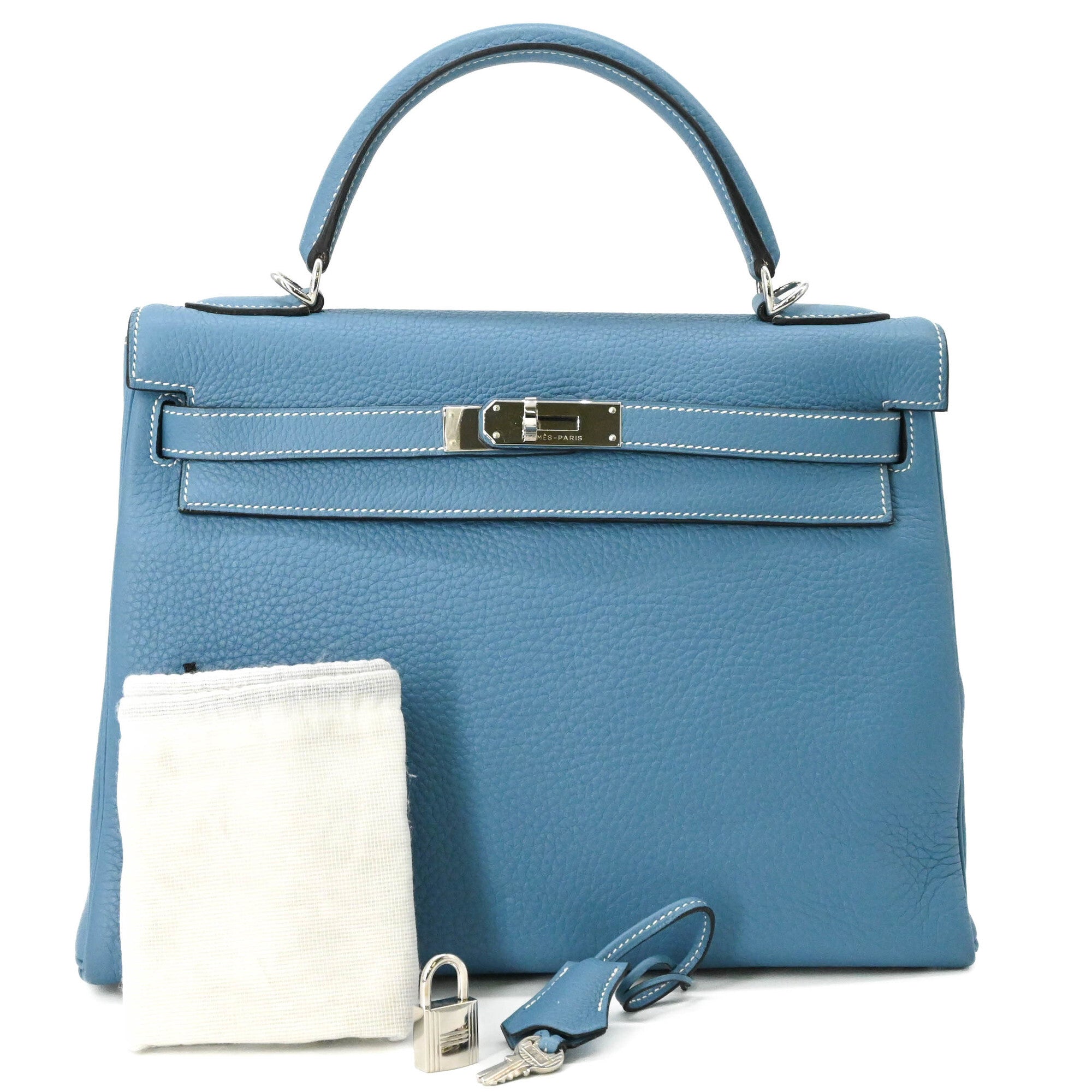 HERMES Kelly 28 Handbag Tote Bag, Taurillon Clemence Leather, Women's, Blue Jean — Like New