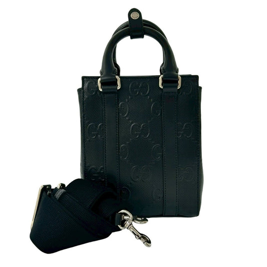 GUCCI GG Embossed Leather 2-Way Mini Handbag/Tote/Shoulder Bag, Black, f75-3