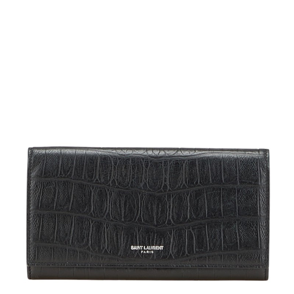 Saint Laurent Crocodile Embossed Long Wallet Black Leather Women's SAINT LAURENT