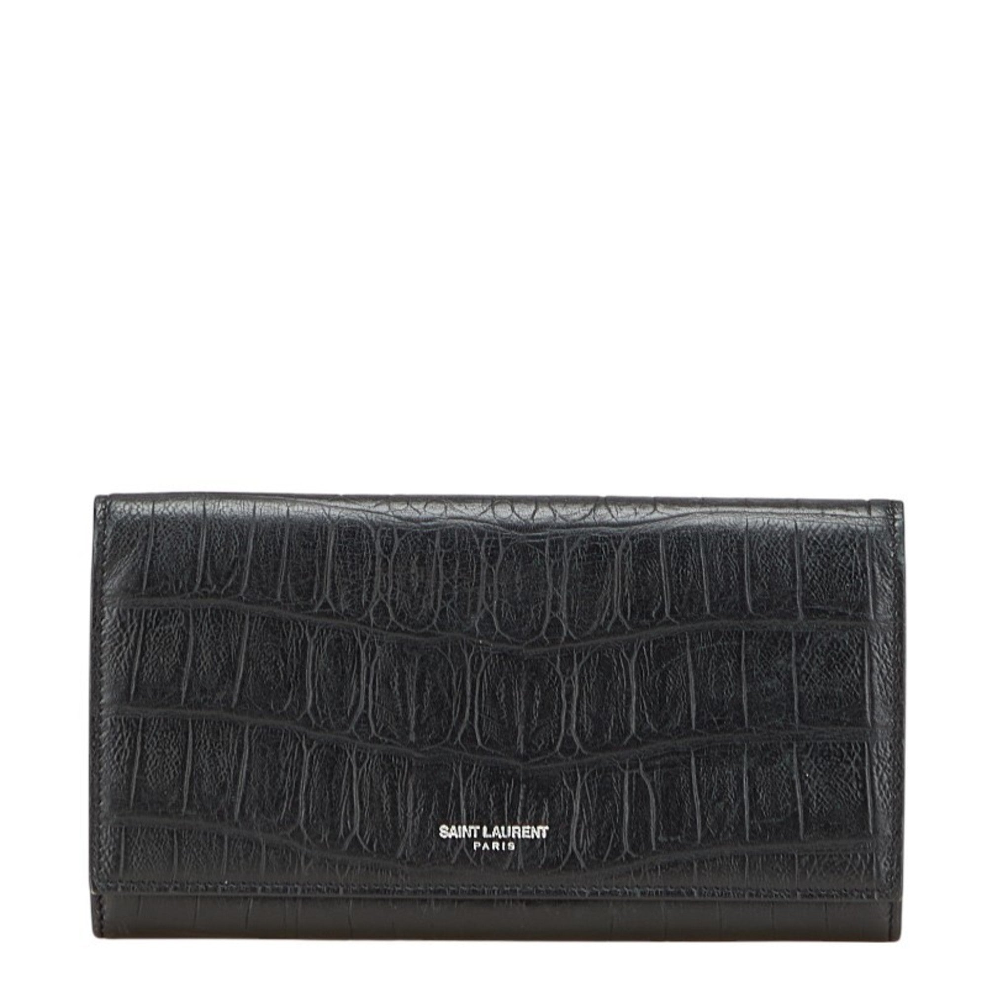 Saint Laurent Crocodile Embossed Long Wallet Black Leather Women's SAINT LAURENT