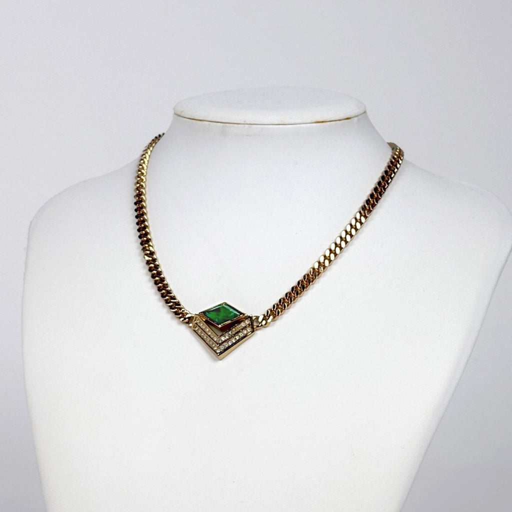 Christian Dior Rhinestone Chain Necklace, Color Stone GP Gold, Green, Women's