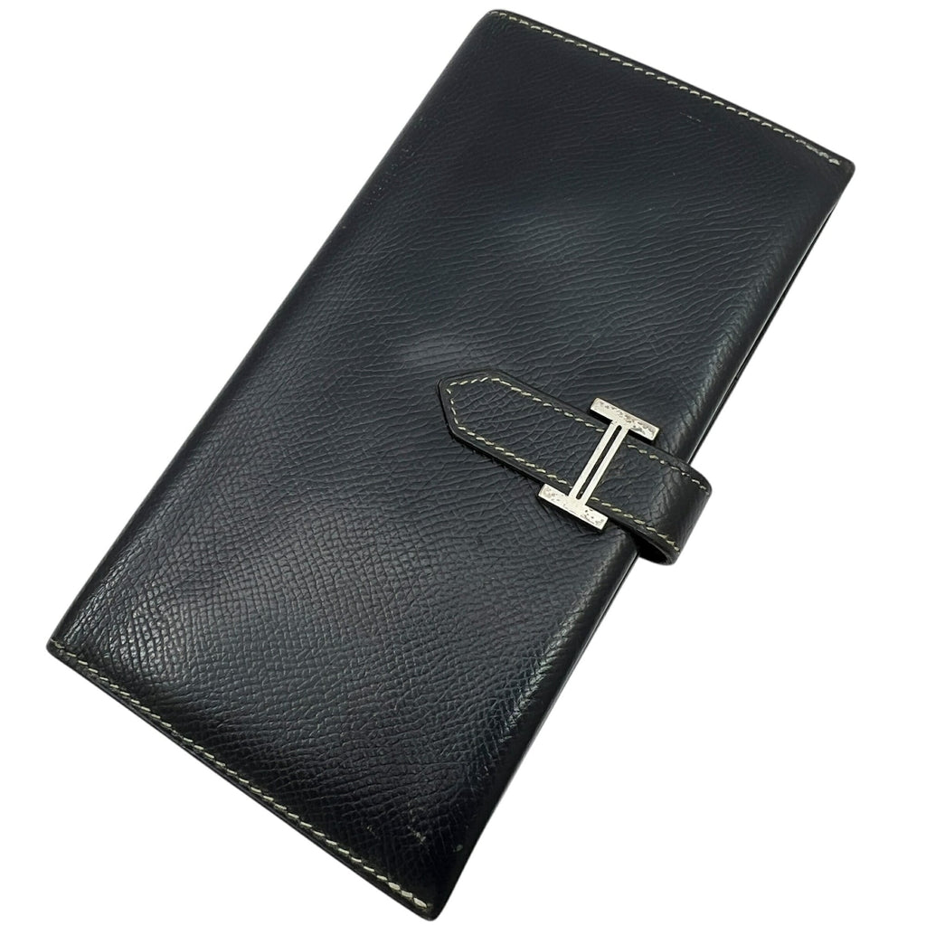 HERMES Bearn Classic Long Wallet, Couchvel, Navy Blue, E Stamp, Made in 2001, Men's and Women's