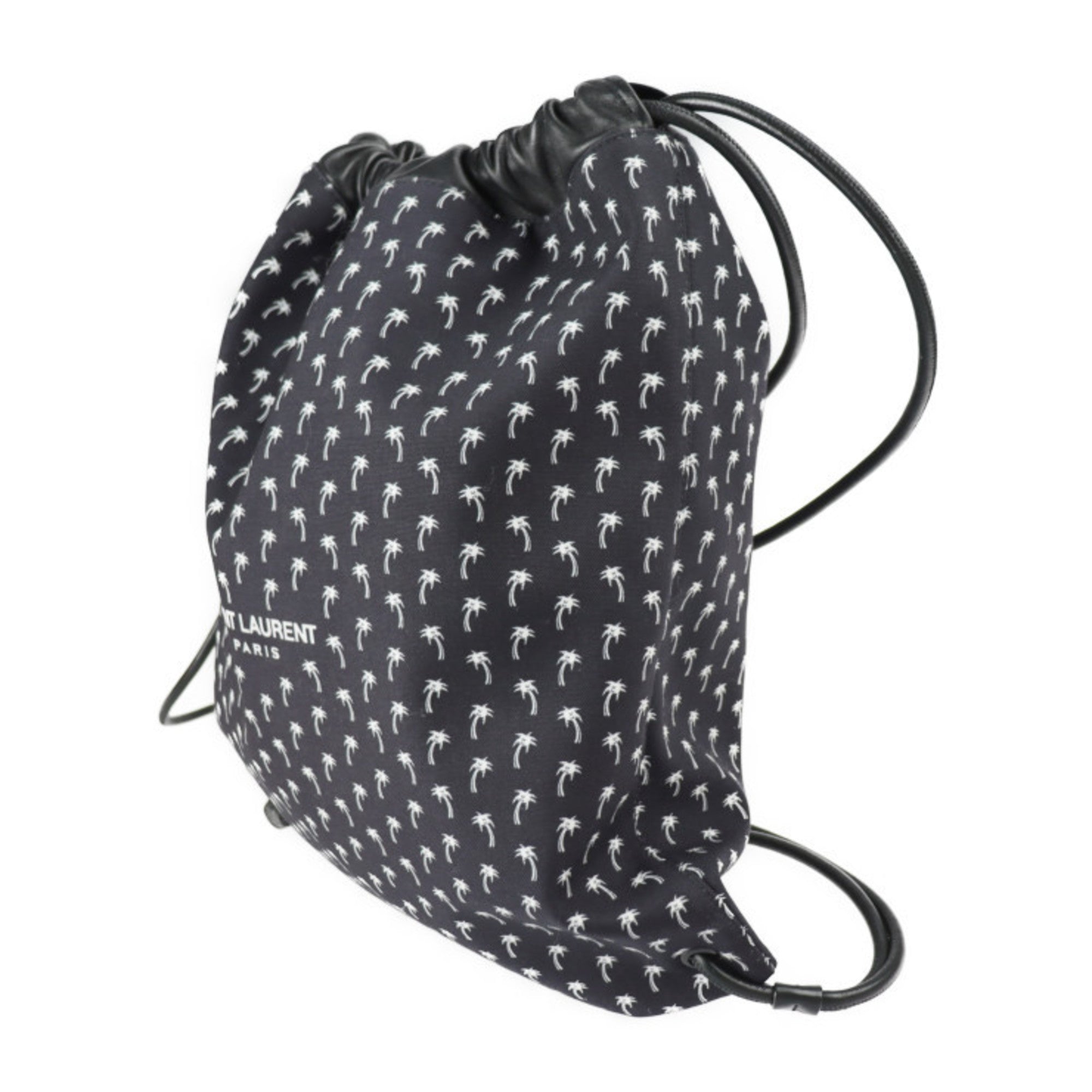 Yves Saint Laurent SAINT LAURENT PARIS Saint-Laurent Paris Backpack Daypack 553919 HPQ4E 1070 Canvas Lambskin Black Drawstring Palm Tree Pattern — Like New