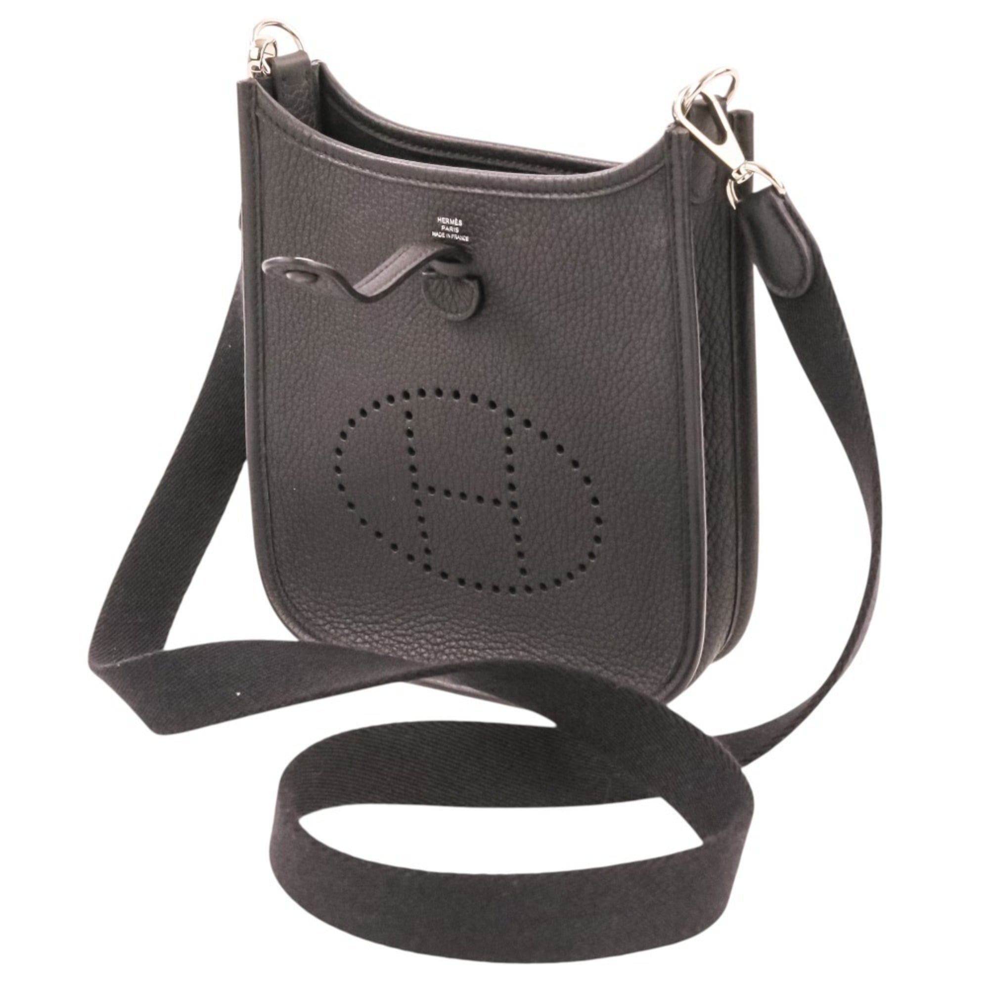 HERMES Evelyne TPM Taurillon Clemence Leather Shoulder Bag, Noir Black, U Stamp, Women's — Like New
