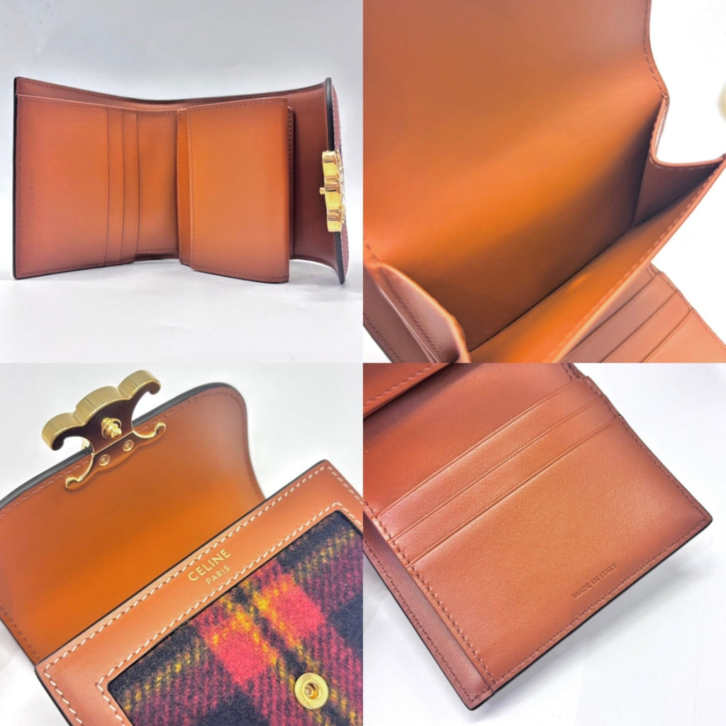 Celine Small Flap Wallet Triomphe Tartan Check Ladies Bi-fold Red 10D783DPV CELINE