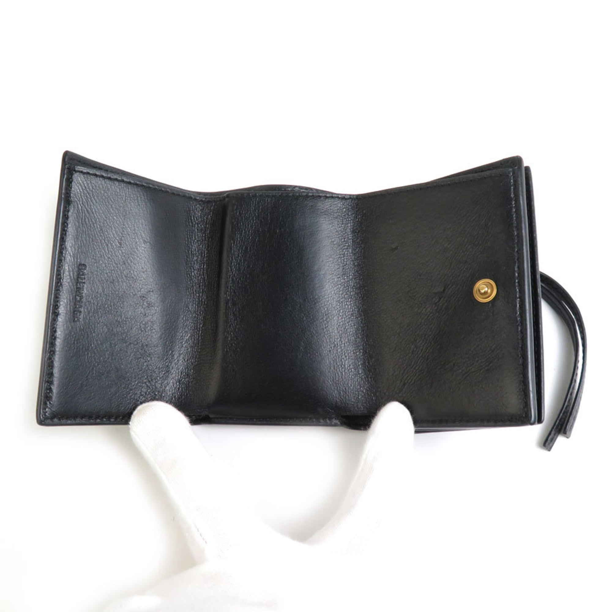 BALENCIAGA Tri-fold Wallet Leather Black Men's Women's 55818k
