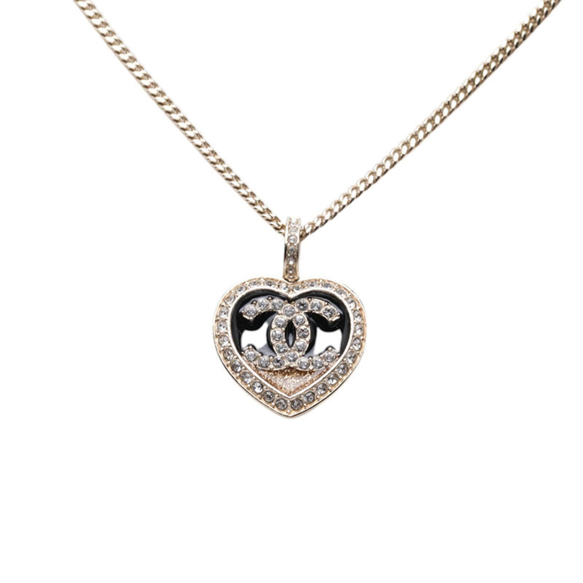 Chanel Coco Mark Heart Motif Necklace, Gold and Black Plated Rhinestones, Women's CHANEL — Like New