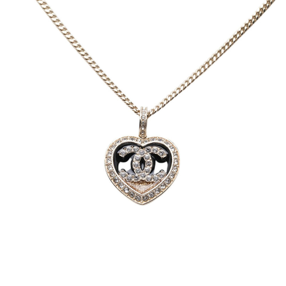 Chanel Coco Mark Heart Motif Necklace, Gold and Black Plated Rhinestones, Women's CHANEL — Like New