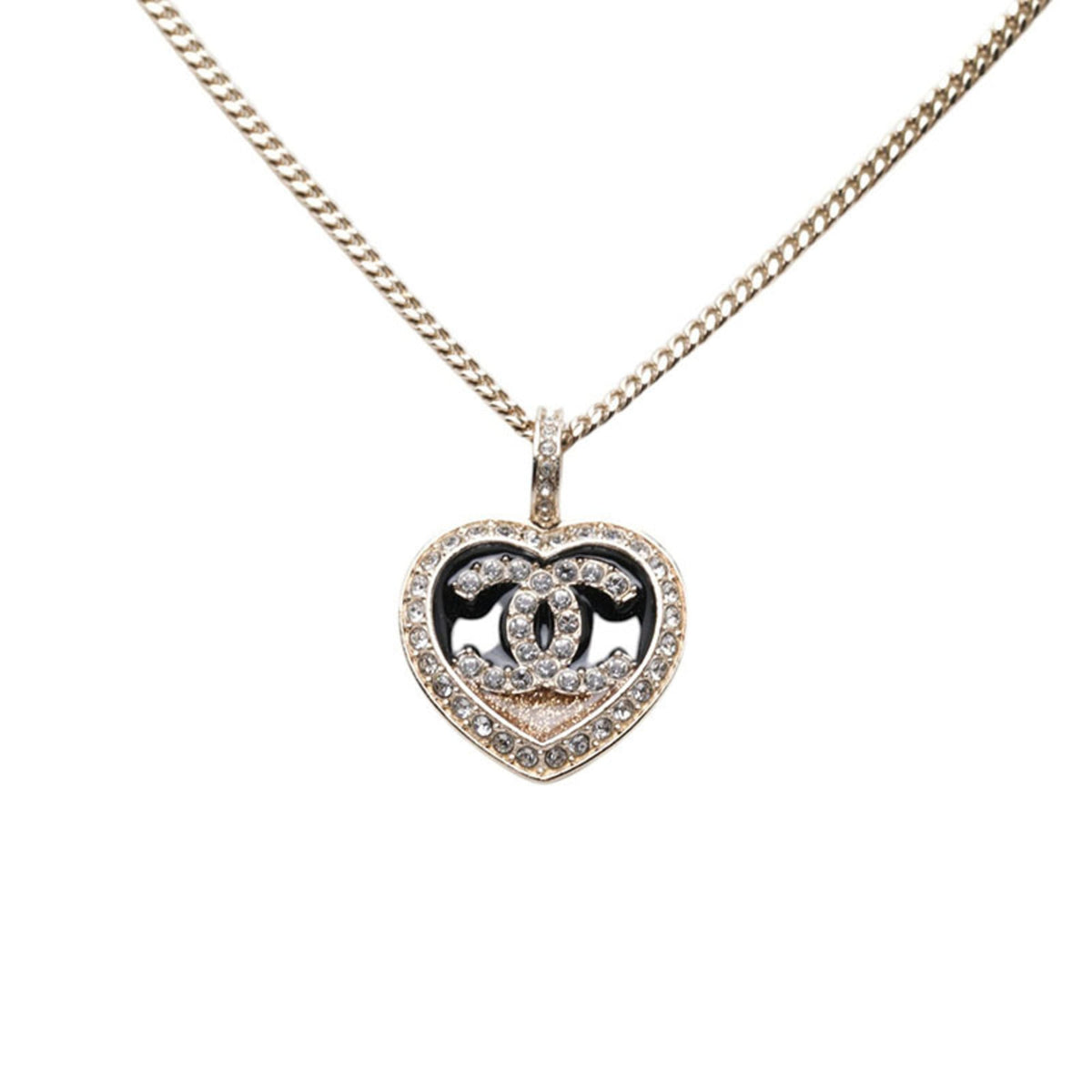 Chanel Coco Mark Heart Motif Necklace, Gold and Black Plated Rhinestones, Women's CHANEL — Like New