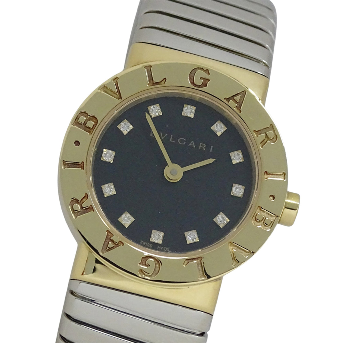 Bulgari BVLGARI Women's Watch, Brand: Tubogas, 12-Diamond Quartz Movement, 750YG (Yellow Gold) and 18K Stainless Steel (SS), Size L, Bangle, Round. (BB232T) — Good