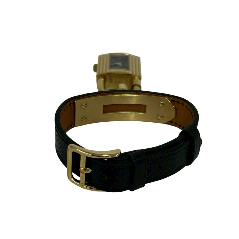 HERMES Vintage Kelly Watch, Leather, Genuine GP Finish, Wristwatch, Black & Gold, 82135 — Good