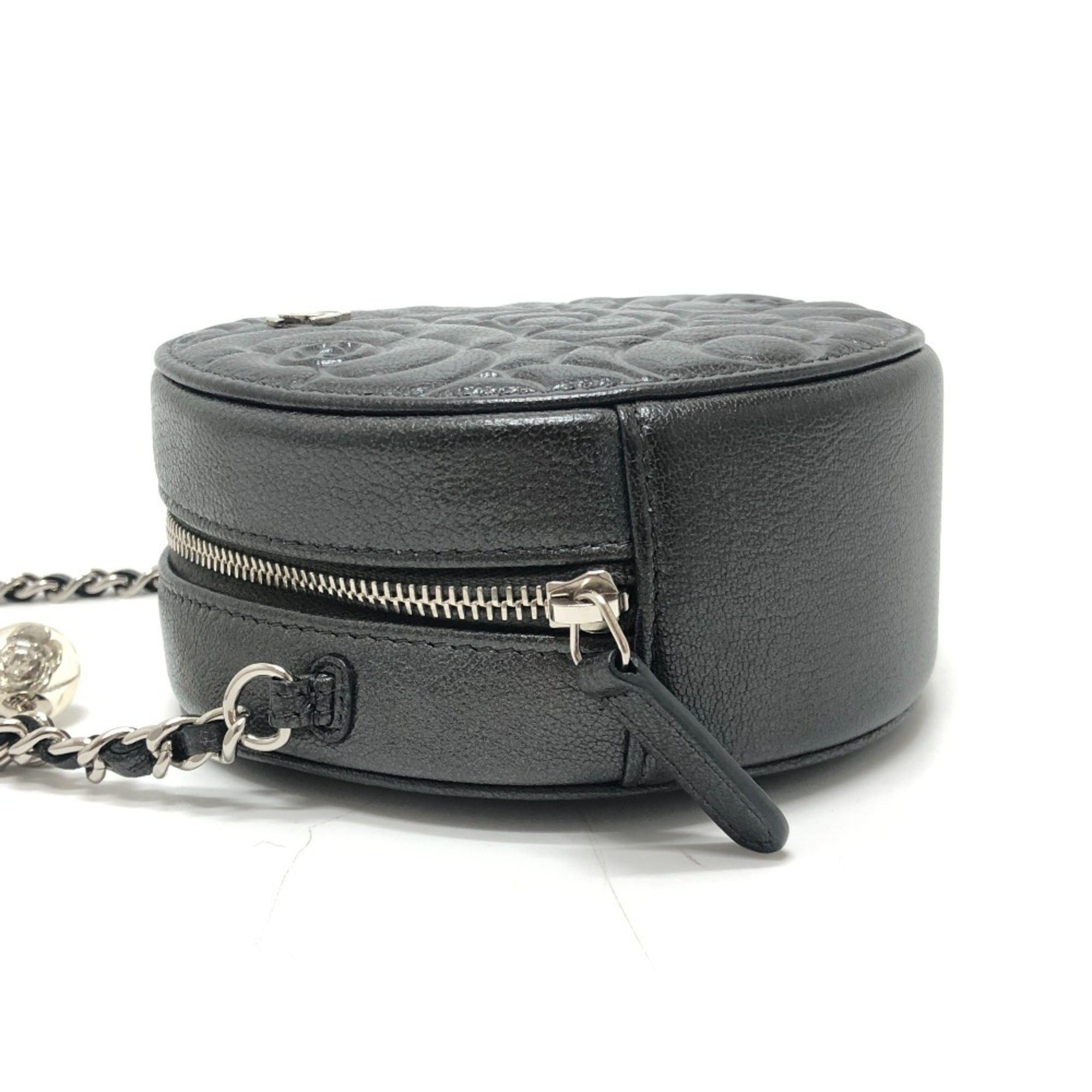 CHANEL Camellia CC Coco Mark Logo Crossbody Bag, Round Mini Shoulder Leather, Women's, Gray — Like New