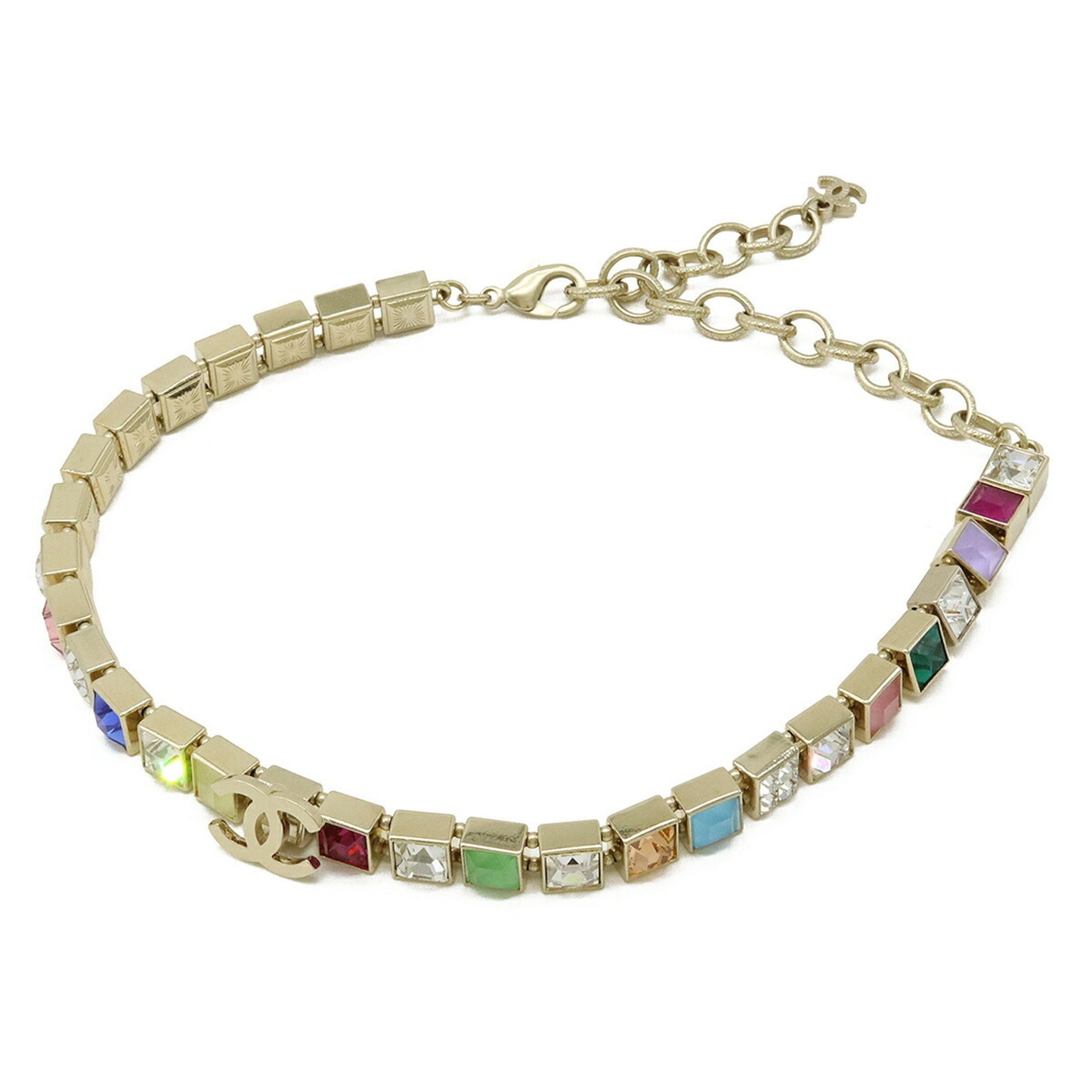 CHANEL Coco Mark Square Rhinestone Choker Necklace GP Gold Multicolor A21 K