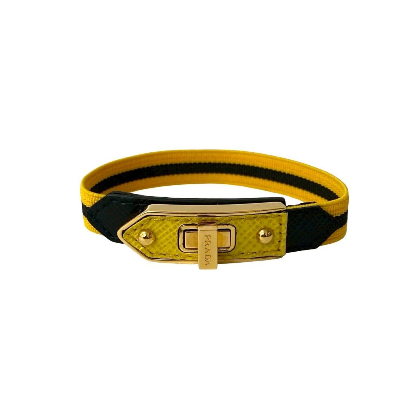 PRADA Prada Turnlock Logo Hardware Nylon GP Saffiano Leather Bracelet Bangle in Yellow and Navy 1491d