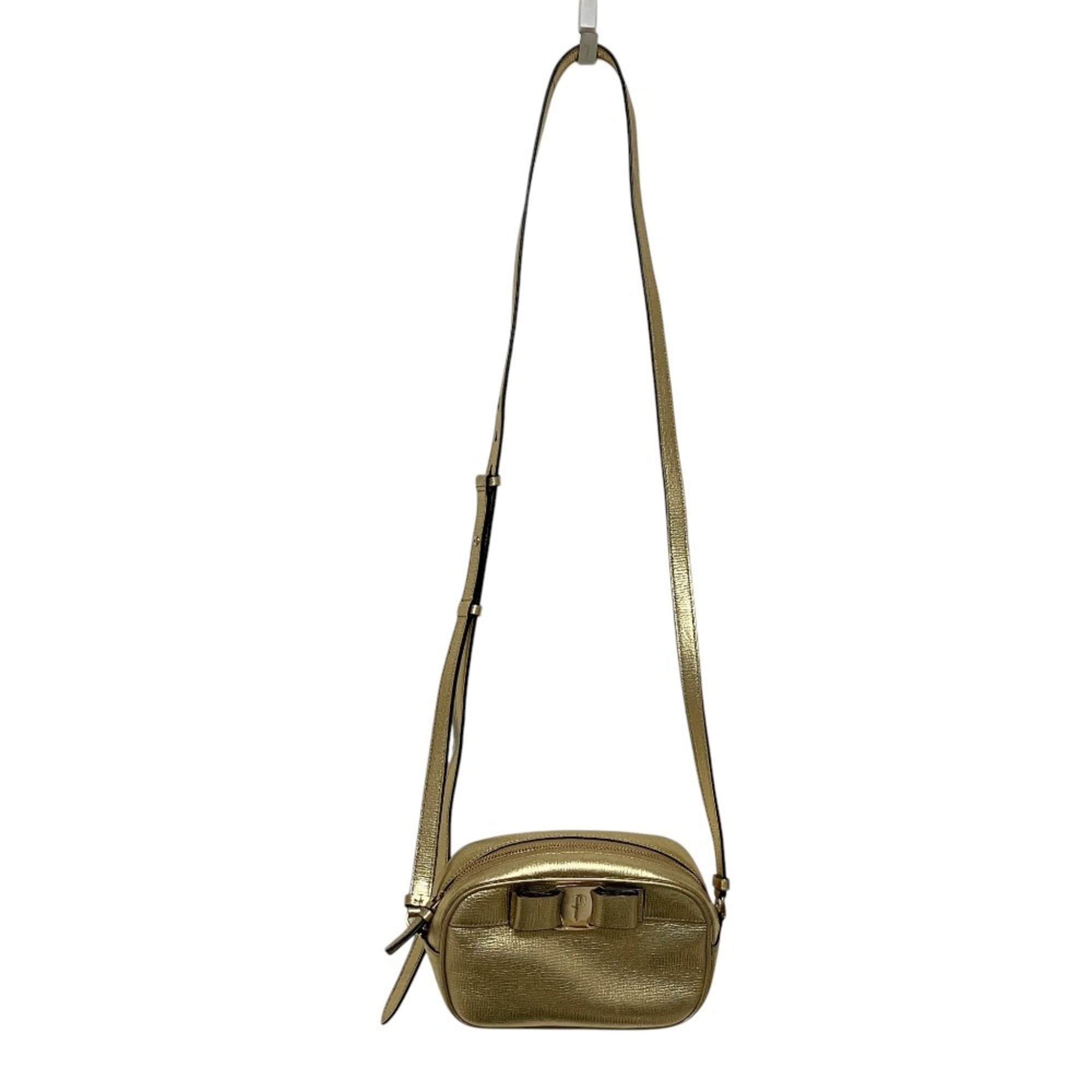 Salvatore Ferragamo Vara Ribbon Camera Shoulder Bag AU-21 H498 Gold Color Women's — Like New