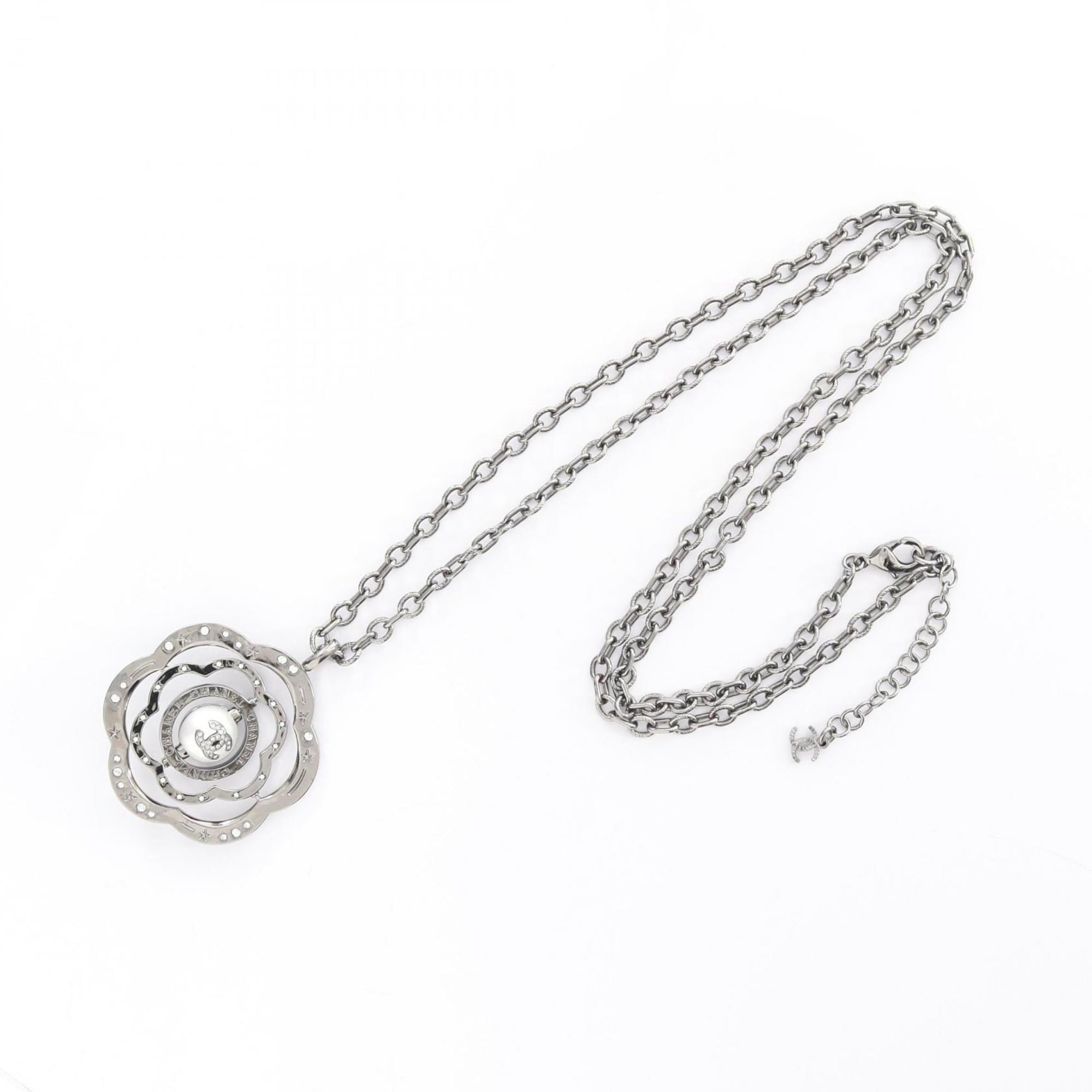 CHANEL Camellia Coco Mark Necklace, Stainless Steel with Faux Pearls and Rhinestones, Silver Clear