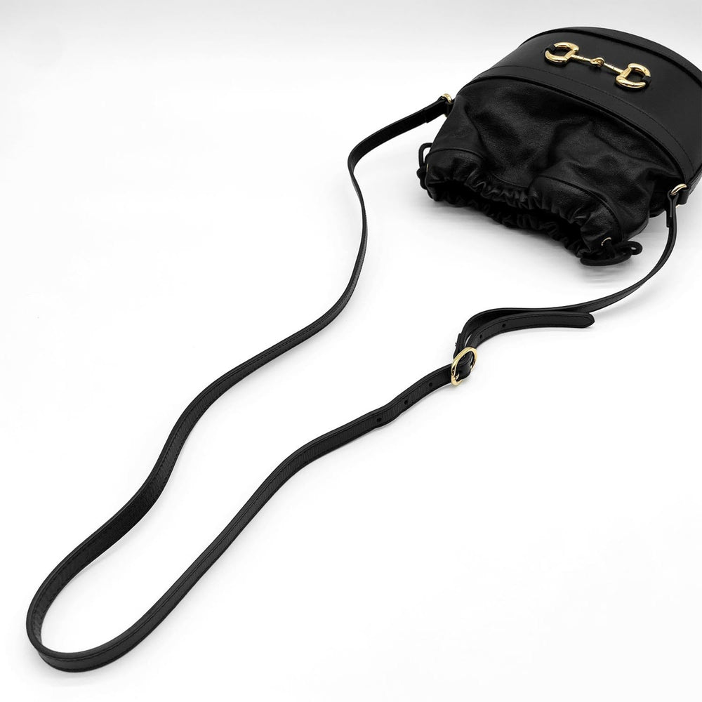 GUCCI Horsebit 1955 Bucket Drawstring Shoulder Bag, Leather, Black, Women's — Like New