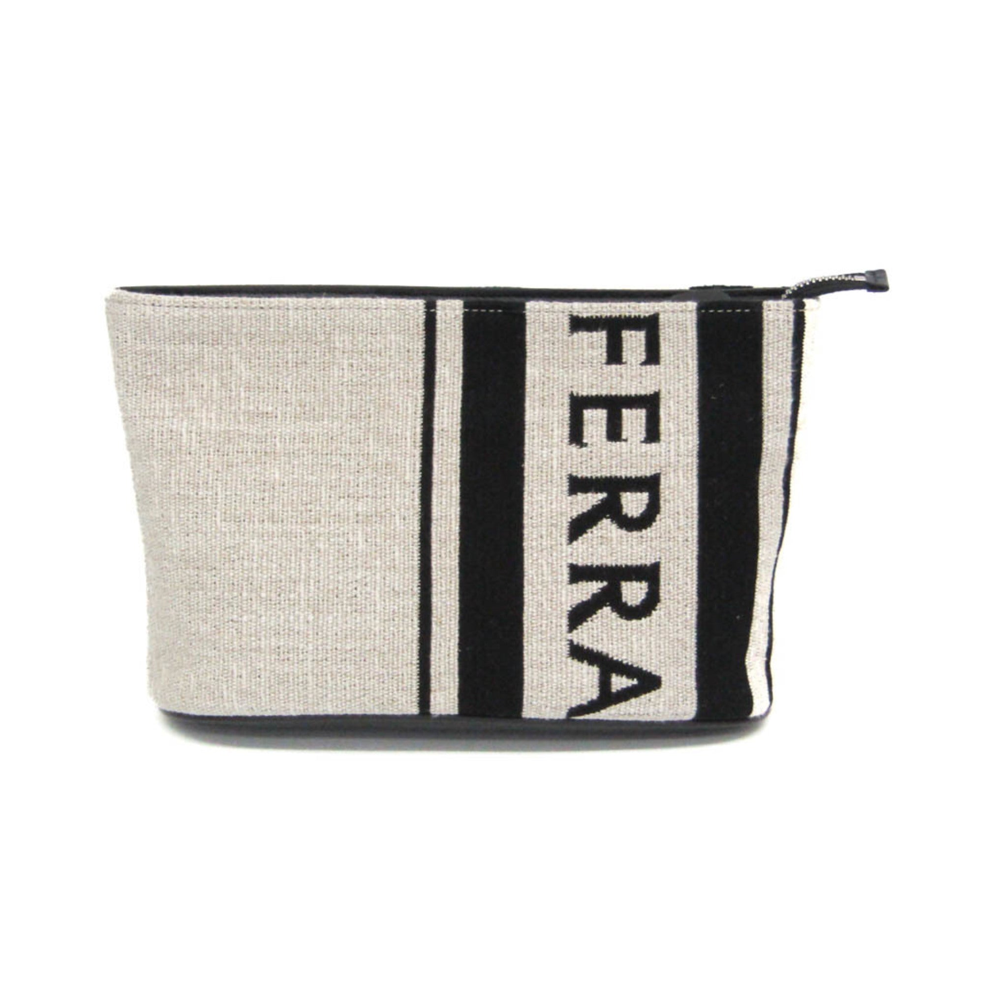 Salvatore Ferragamo Logo EE-24 1638 Men,Women Leather,Cotton Pouch Beige,Black — Like New