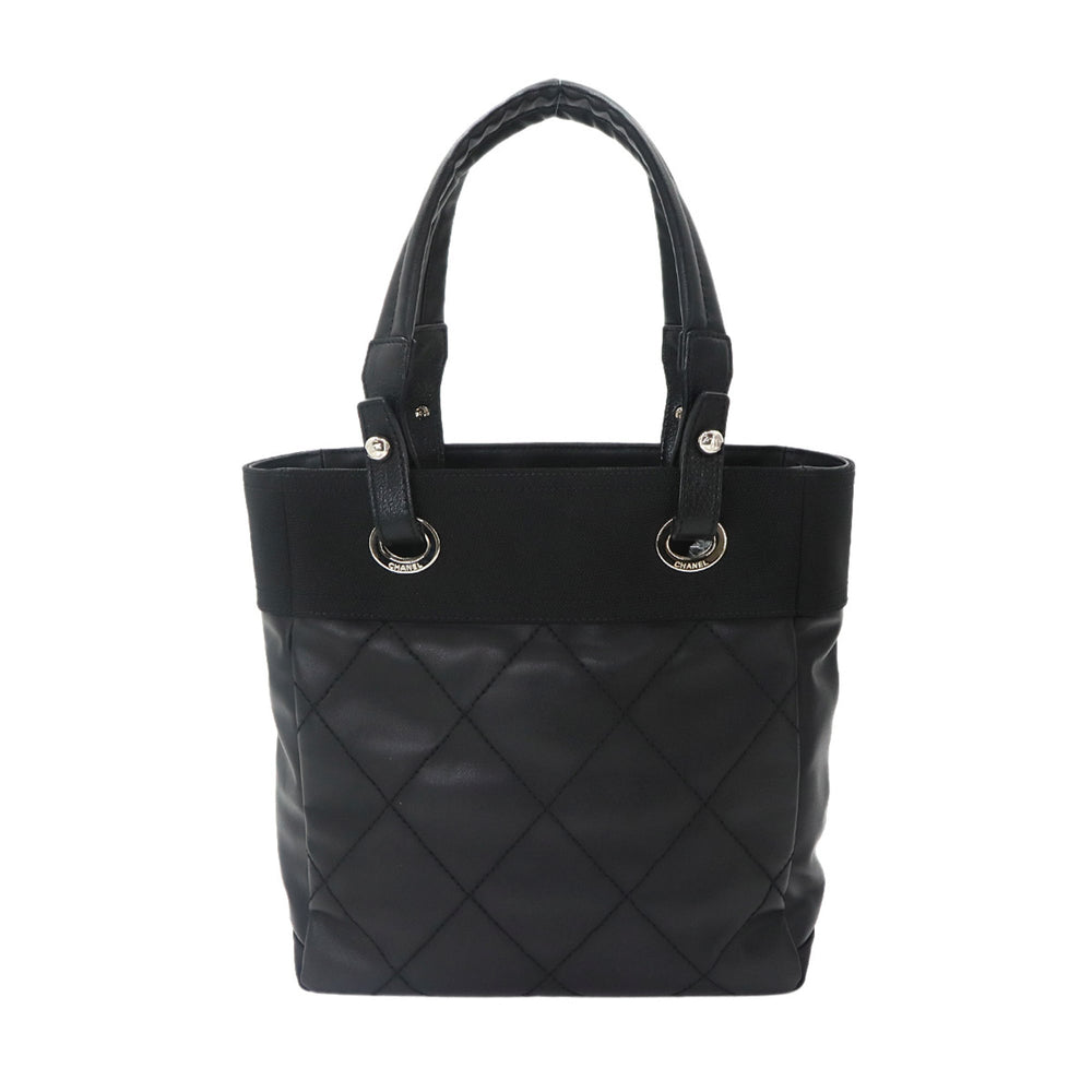 Chanel Paris Biarritz PM Tote Handbag, Nylon and Leather, Black, A34208, Silver Hardware — Like New