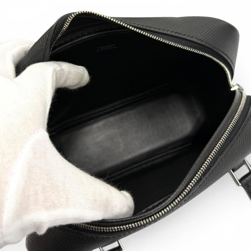 HERMES Plume Mini 20 Black Veau Epsom Leather Silver Hardware Logo Zip Handbag □M Stamp Made in France Women's — Like New