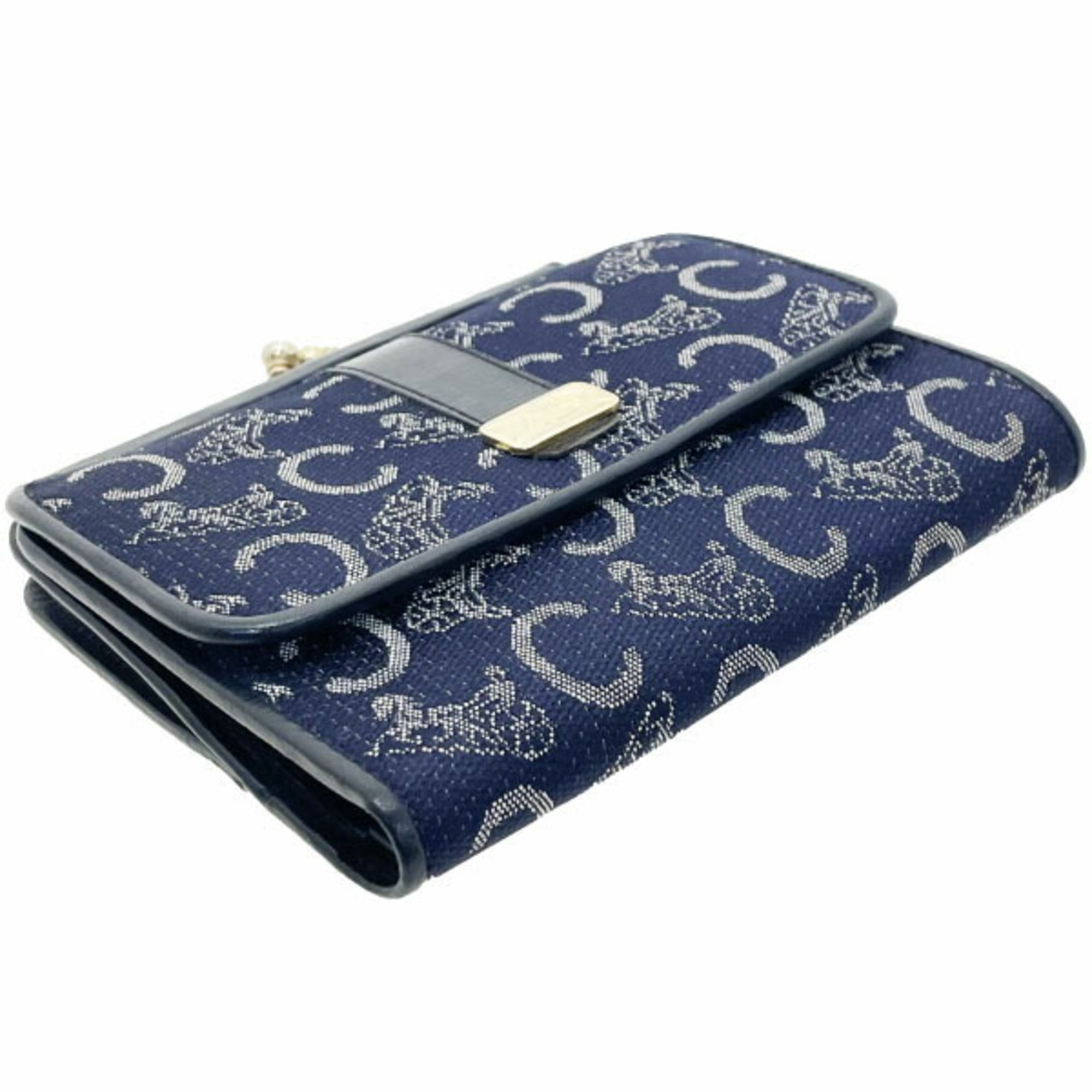 Celine C Macadam Canvas Leather Navy Blue Sulky Carriage Vintage Tri-fold Wallet TT-14877