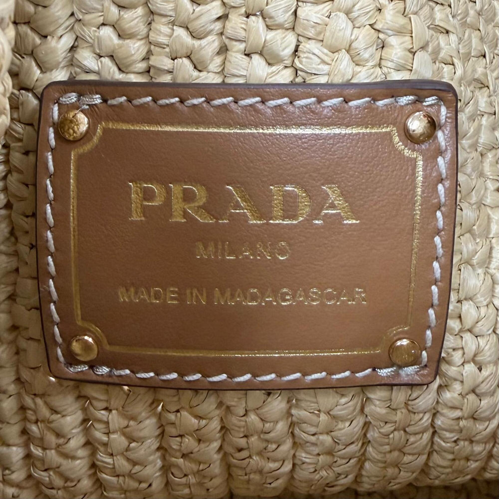 PRADA 1BE068 Crochet Mini Bucket Bag with Triangle Logo, Leather Accents, Raffia, 2-Way Shoulder Bag/Handbag, Natural Finish, Made in Italy, Women's, Dust Bag — Like New