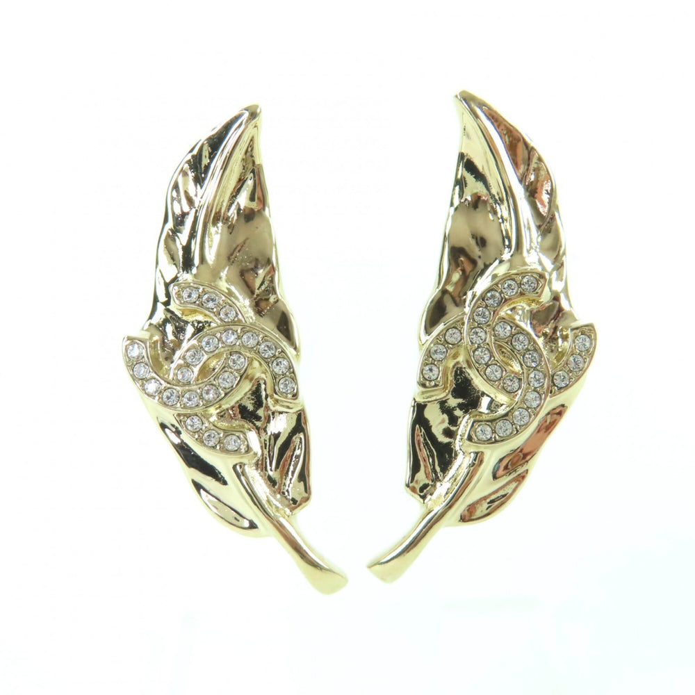 CHANEL I25A Coco Mark Leaf Design Rhinestone Earrings, Gold, Made in Italy, Women's — Like New