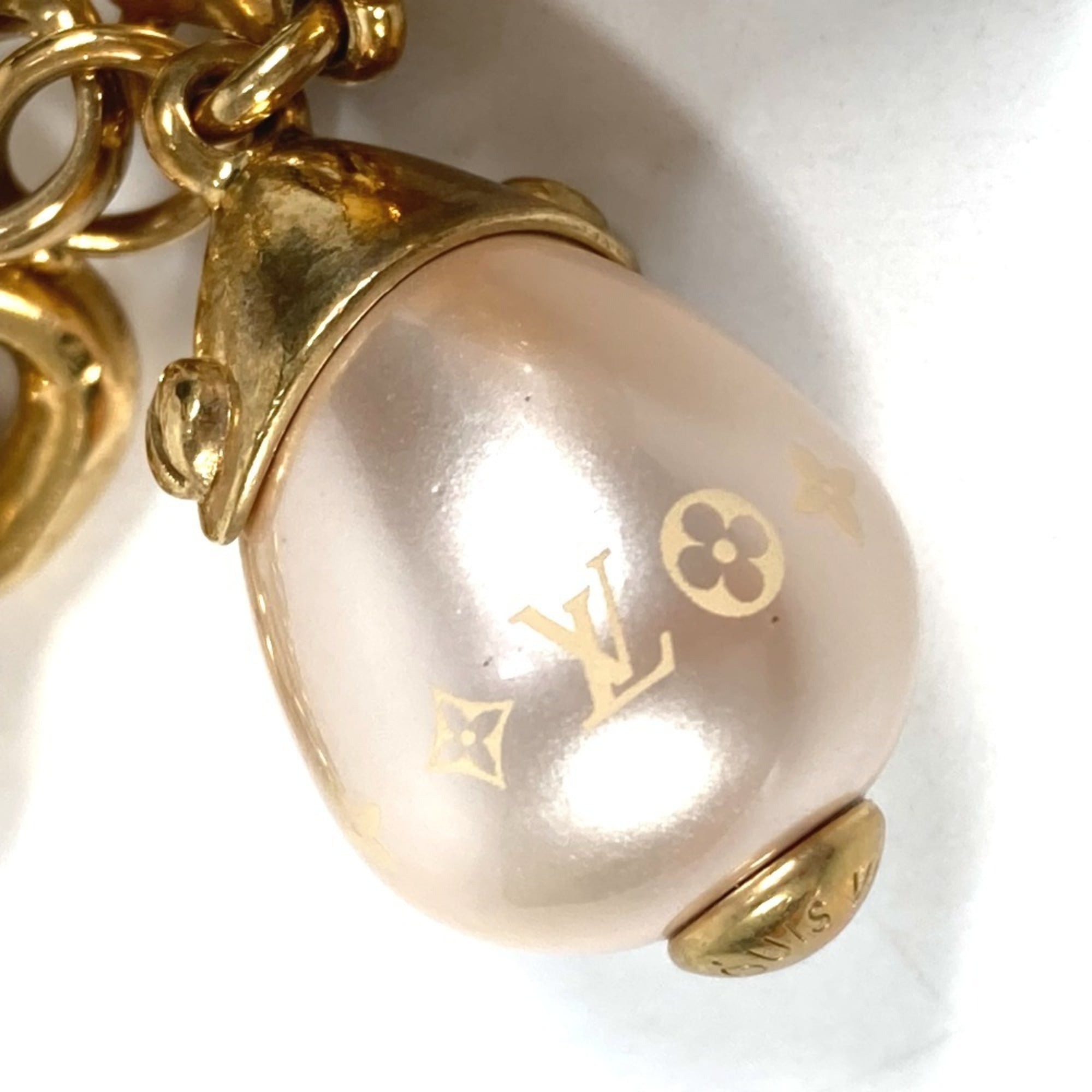 LOUIS VUITTON M66319 Damier Pearl Bracelet, Bangle Chain Metal with Faux Pearls, Gold, Women's