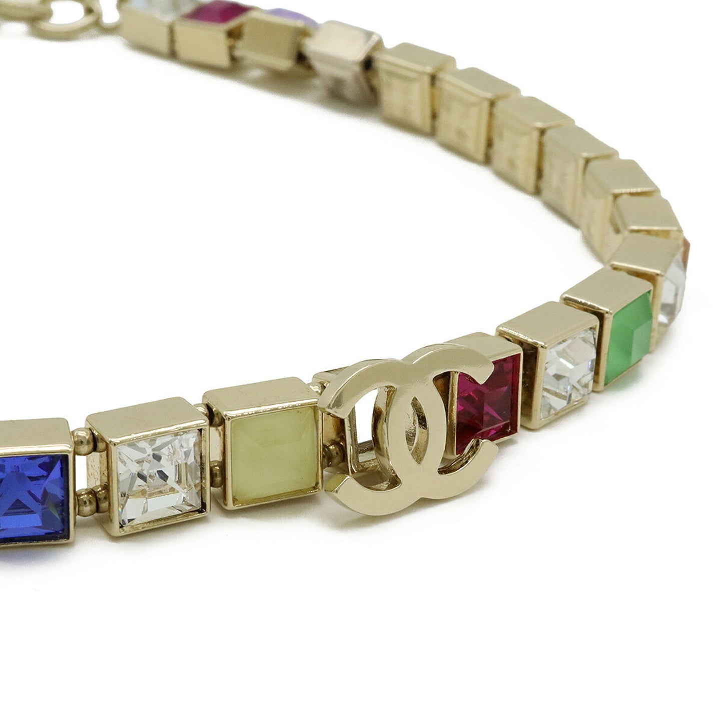 CHANEL Coco Mark Square Rhinestone Choker Necklace GP Gold Multicolor A21 K