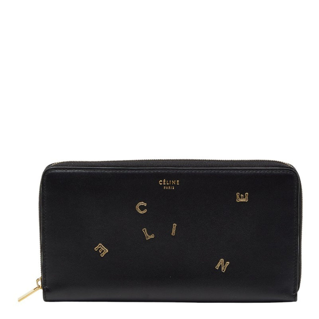 Celine logo motif long wallet in black leather for women.