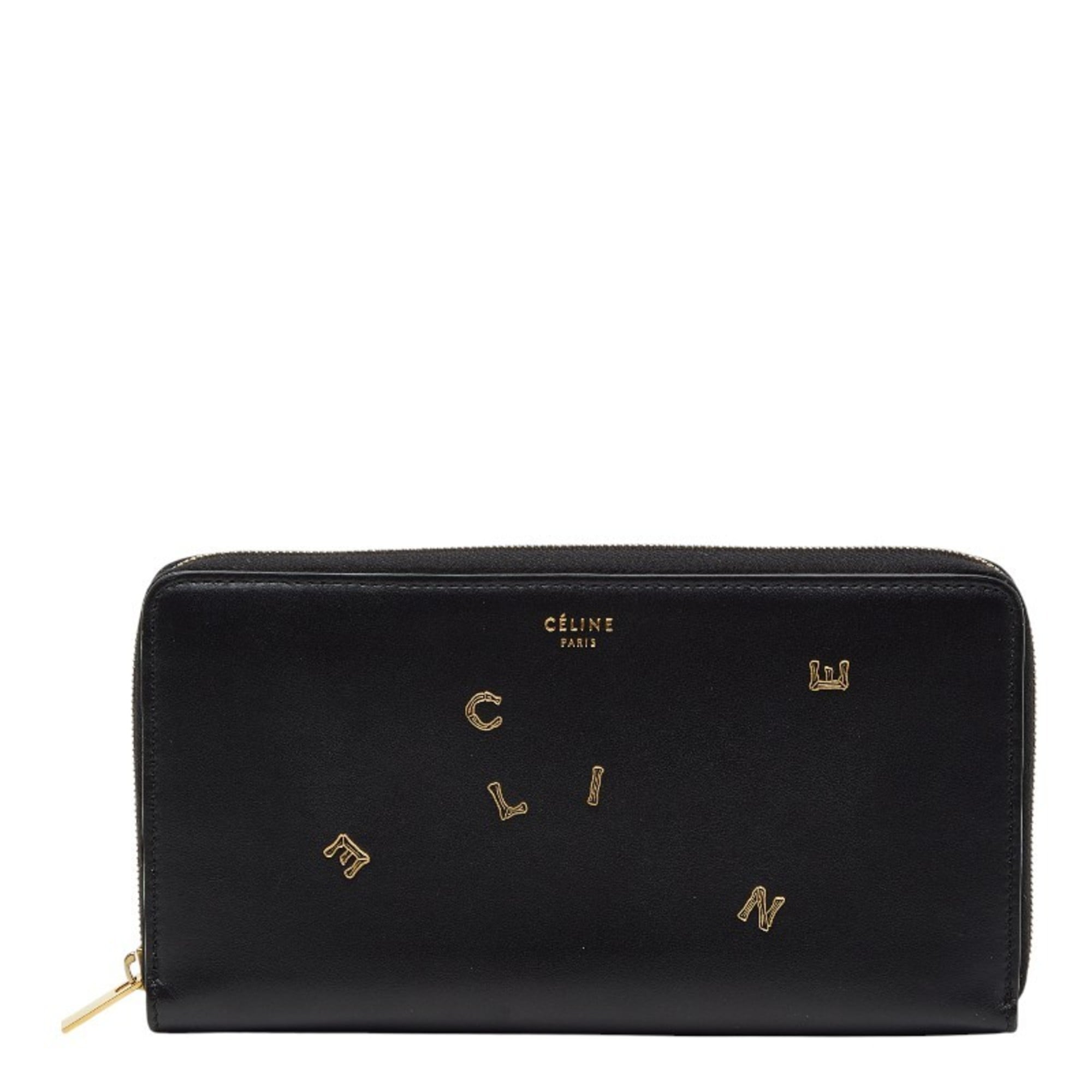 Celine logo motif long wallet in black leather for women.