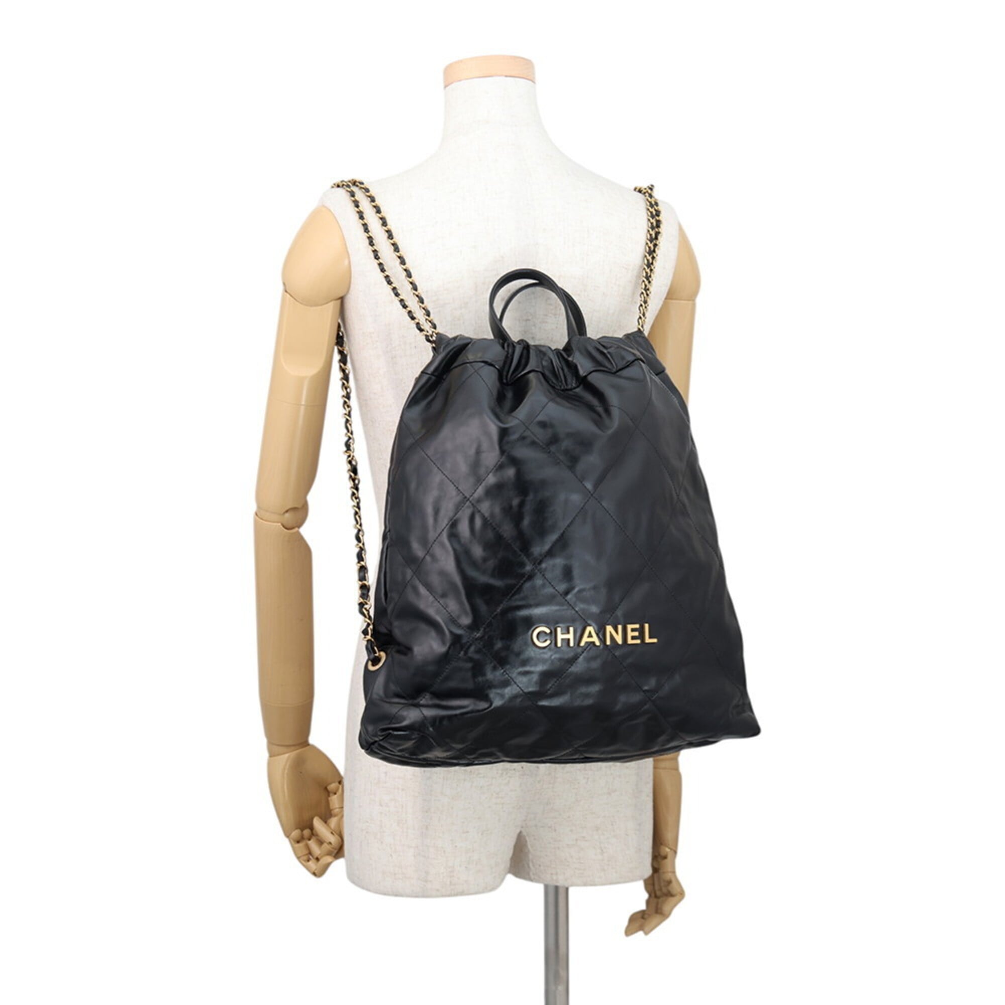 Chanel Backpack, 22 Large, Shiny Calf Leather AS3313, CHANEL Handbag, Black, Women's — Like New