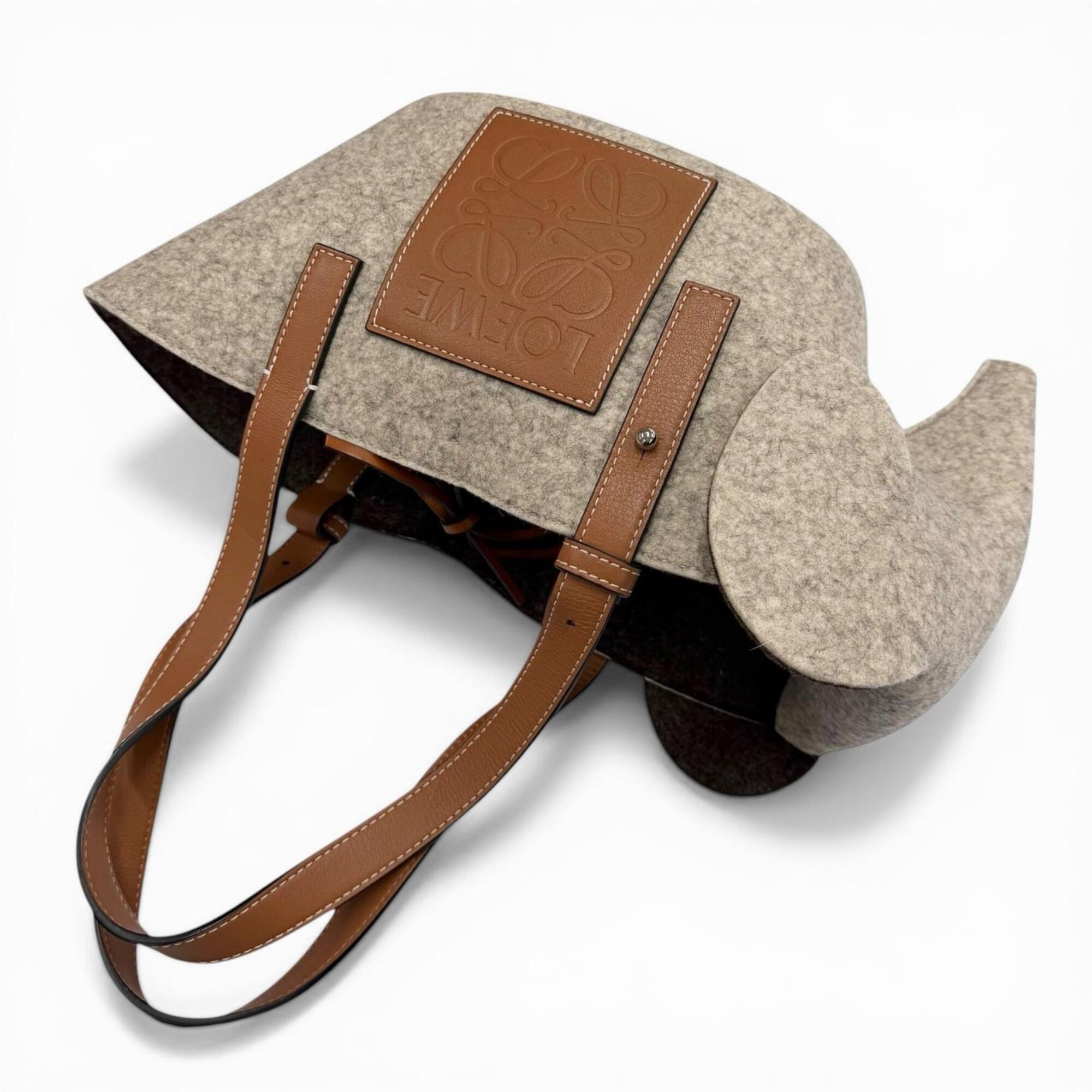 LOEWE Felt Leather Elephant Basket Anagram Logo Handbag, Gray/Brown, Made in Spain, Women's — Like New