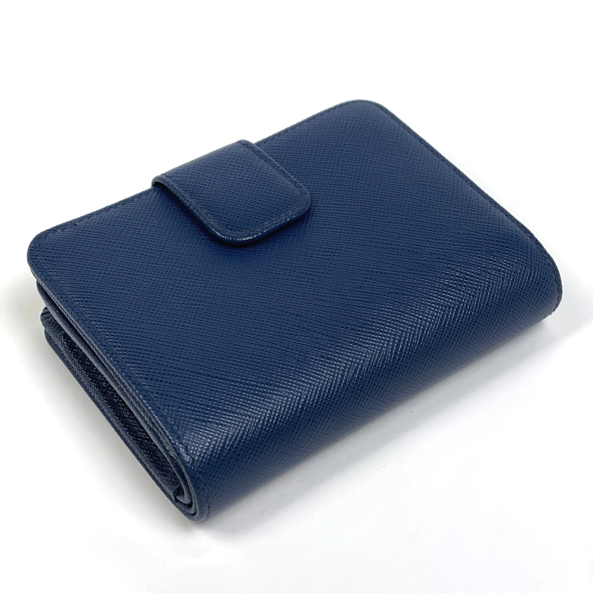 Prada logo bifold wallet with bill compartment and coin purse, Saffiano leather, blue, for women