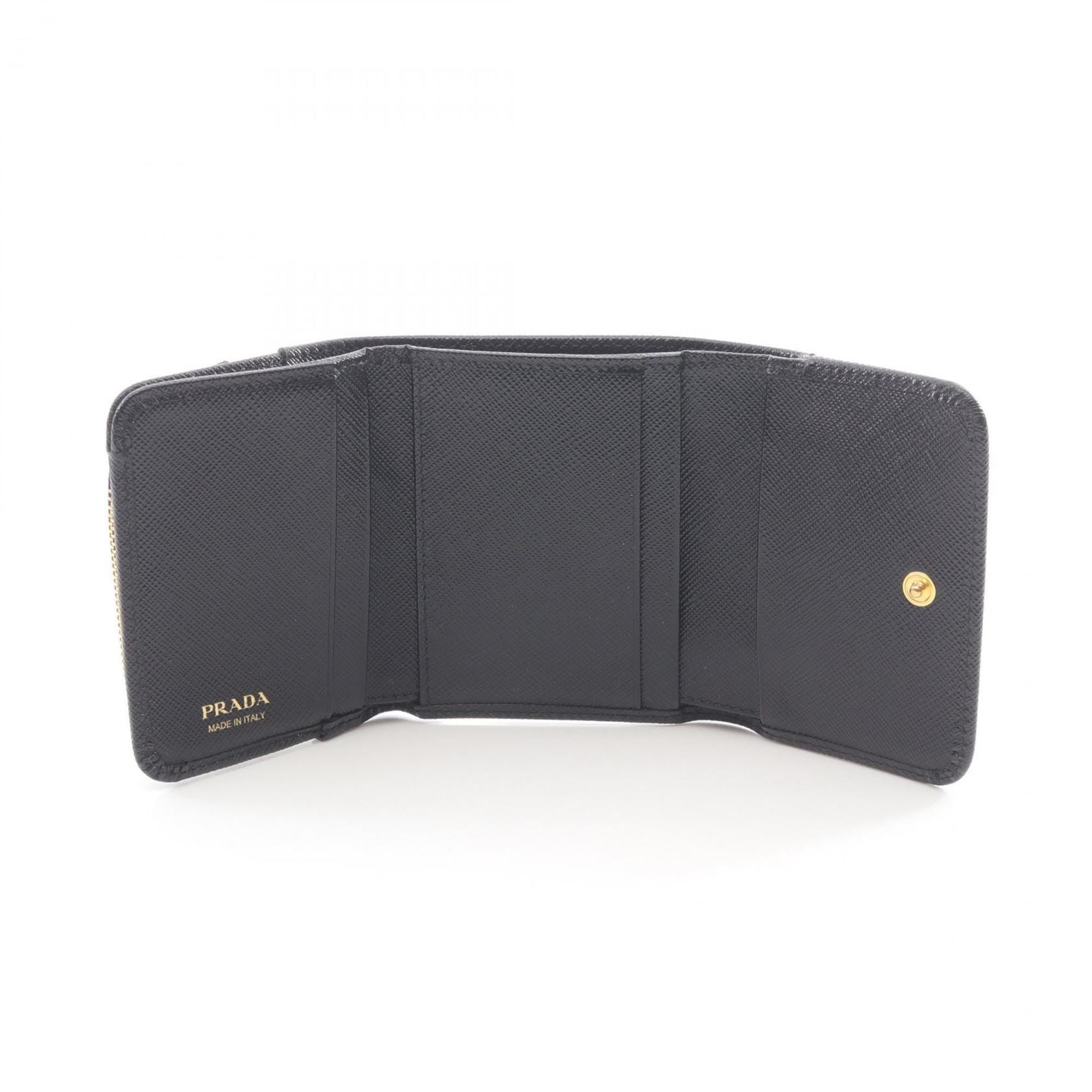 Prada Saffiano Triangle Trifold Wallet, Leather, Women's, Black, 1MH044