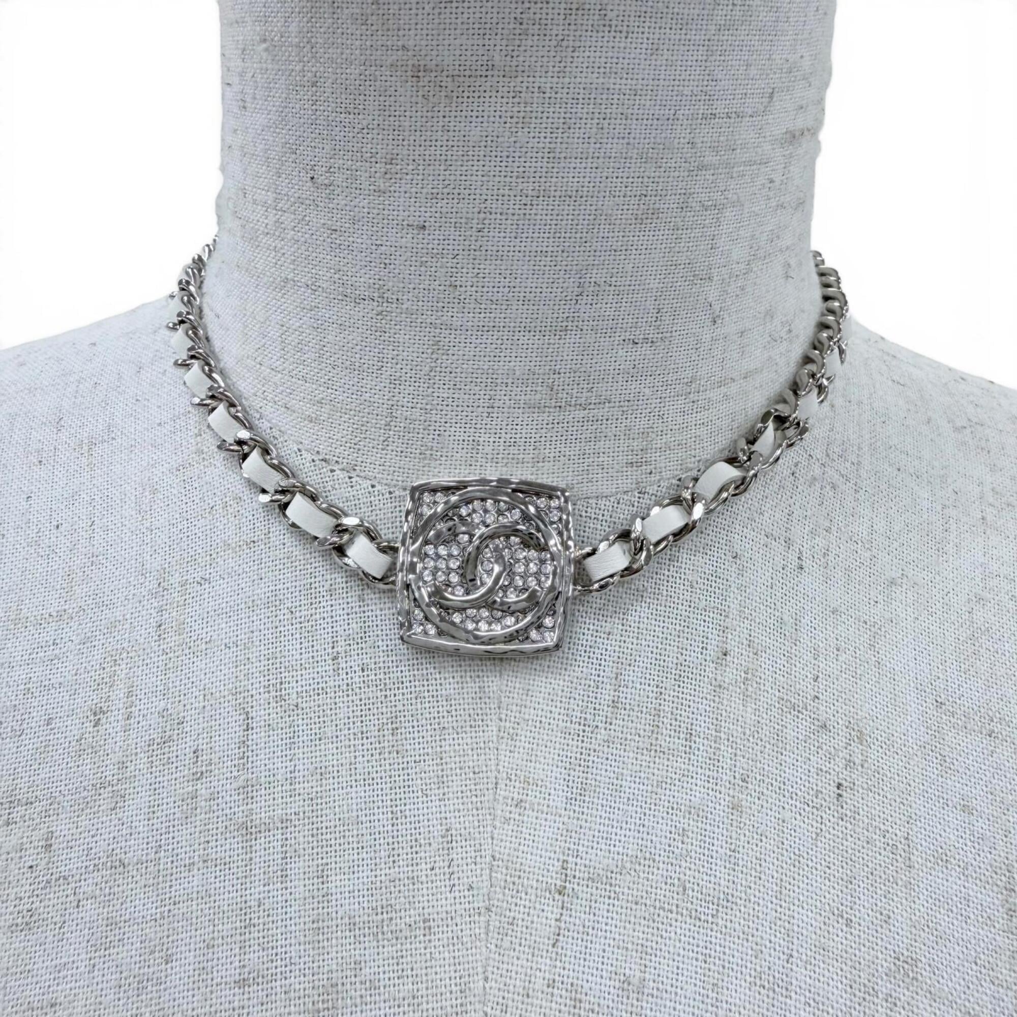 CHANEL (Chanel) 2025 Model B25C Coco Mark Rhinestone Leather Necklace Choker Silver White Made in Italy Women's — Like New