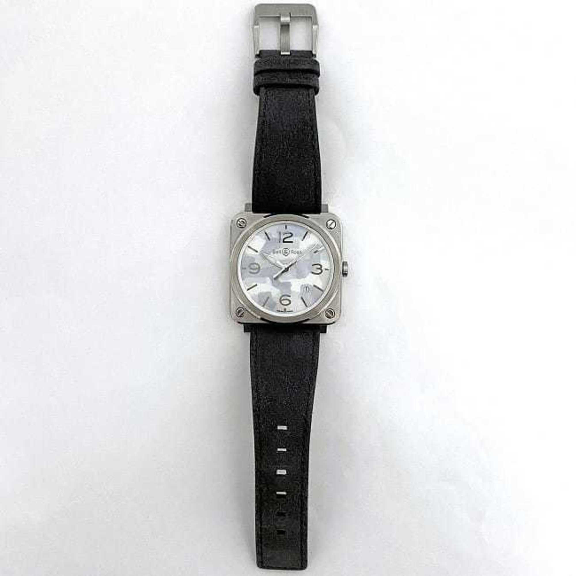 Bell & Ross Watch Aviation 39 f-22679 Camouflage White Shell Silver Gray BRS-64-S Men's SS Suede Leather Rubber Quartz Square Dial Interchangeable Strap Battery Operated — Good