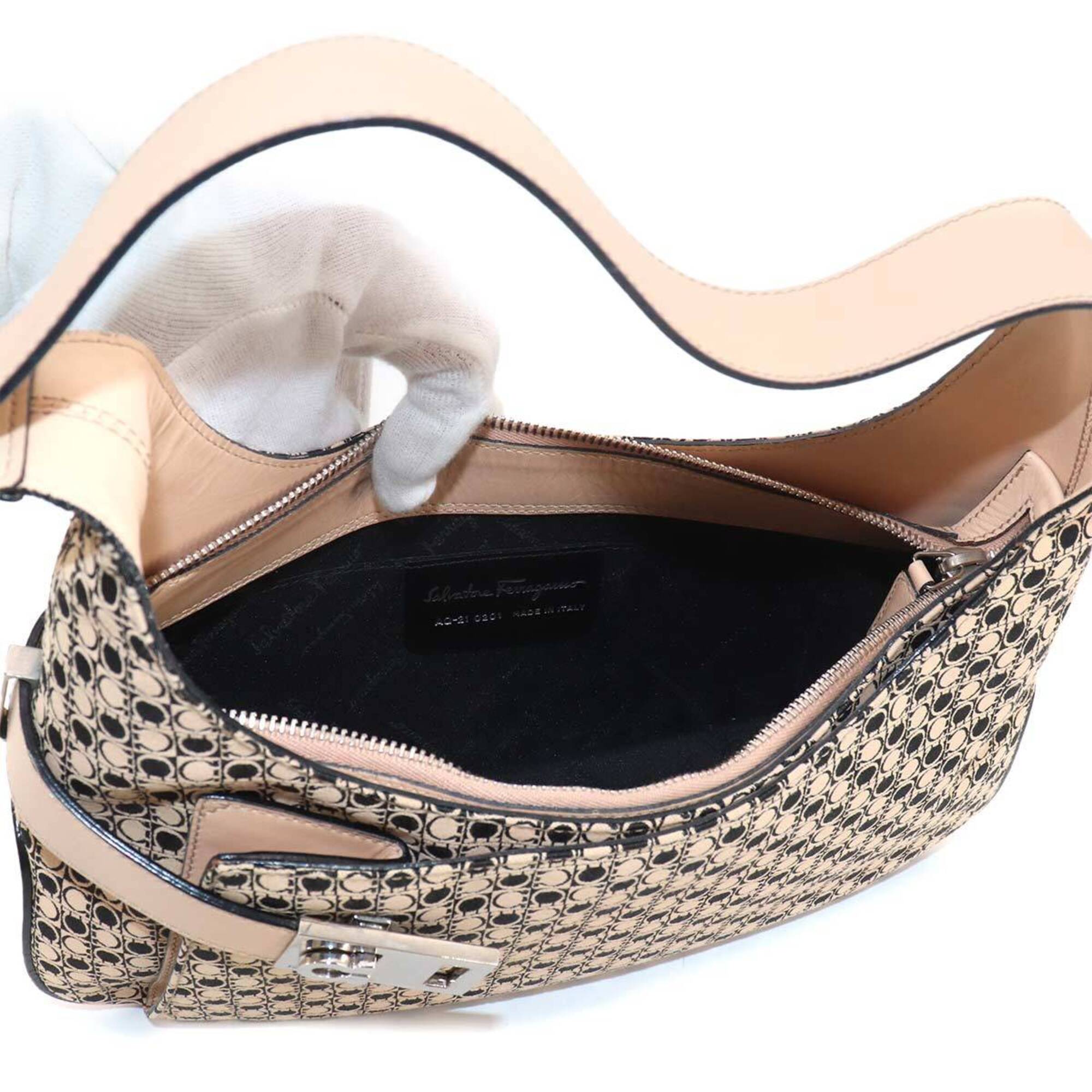 Salvatore Ferragamo Gancini Shoulder Handbag, Canvas and Leather, Beige Black, AQ-21 0201 Bag — Like New