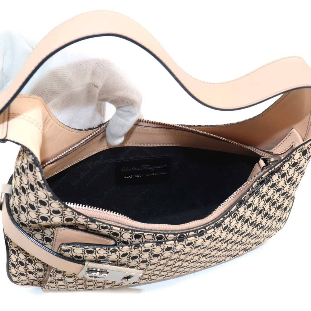 Salvatore Ferragamo Gancini Shoulder Handbag, Canvas and Leather, Beige Black, AQ-21 0201 Bag — Like New