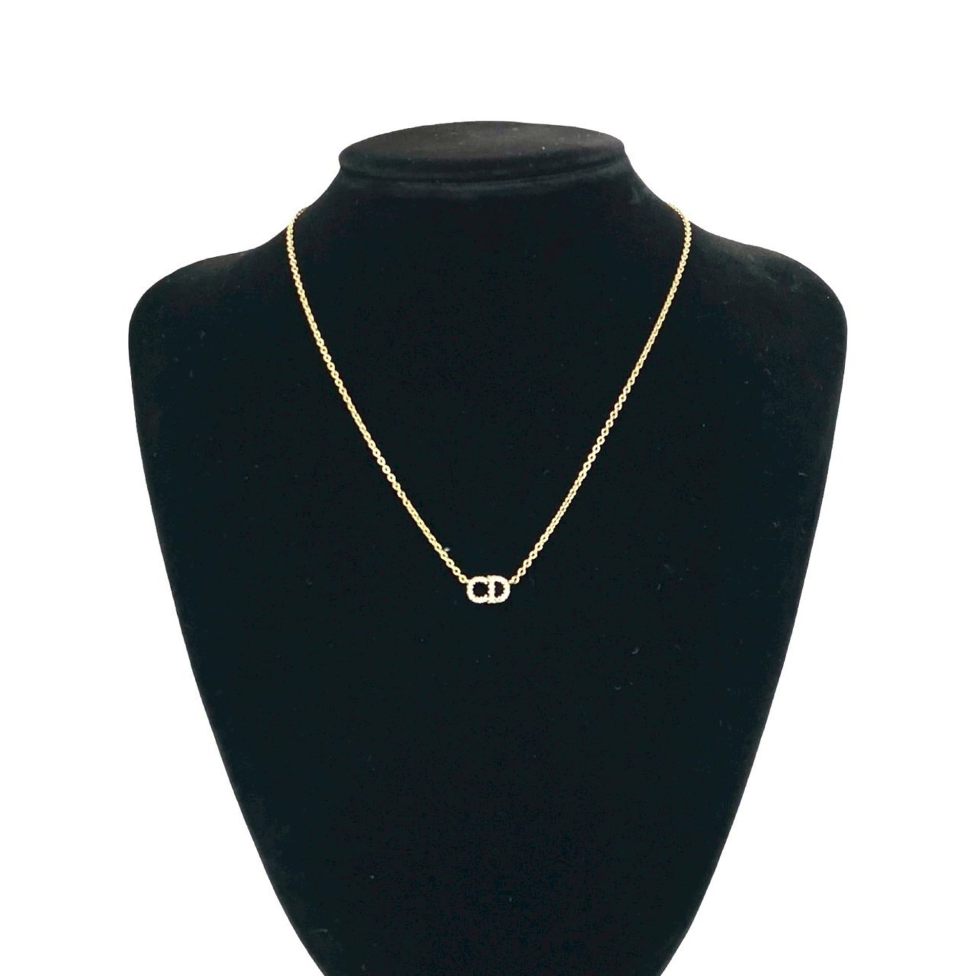 Christian Dior CD GP Rhinestone Necklace Pendant Choker Gold 73931