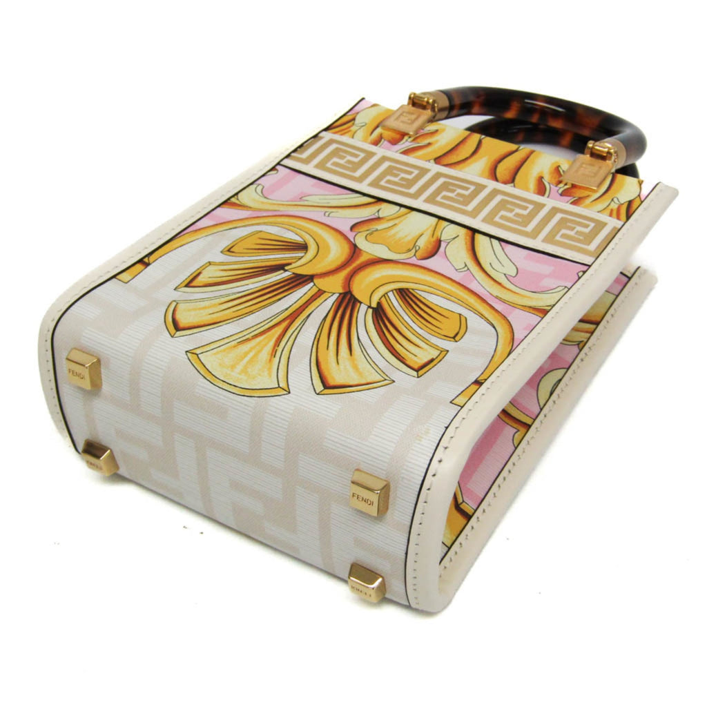 Fendi FENDACE Mini Sunshine Shopper 8BS051 Women's Leather,Coated Canvas Handbag,Shoulder Bag Gold,Pink,White