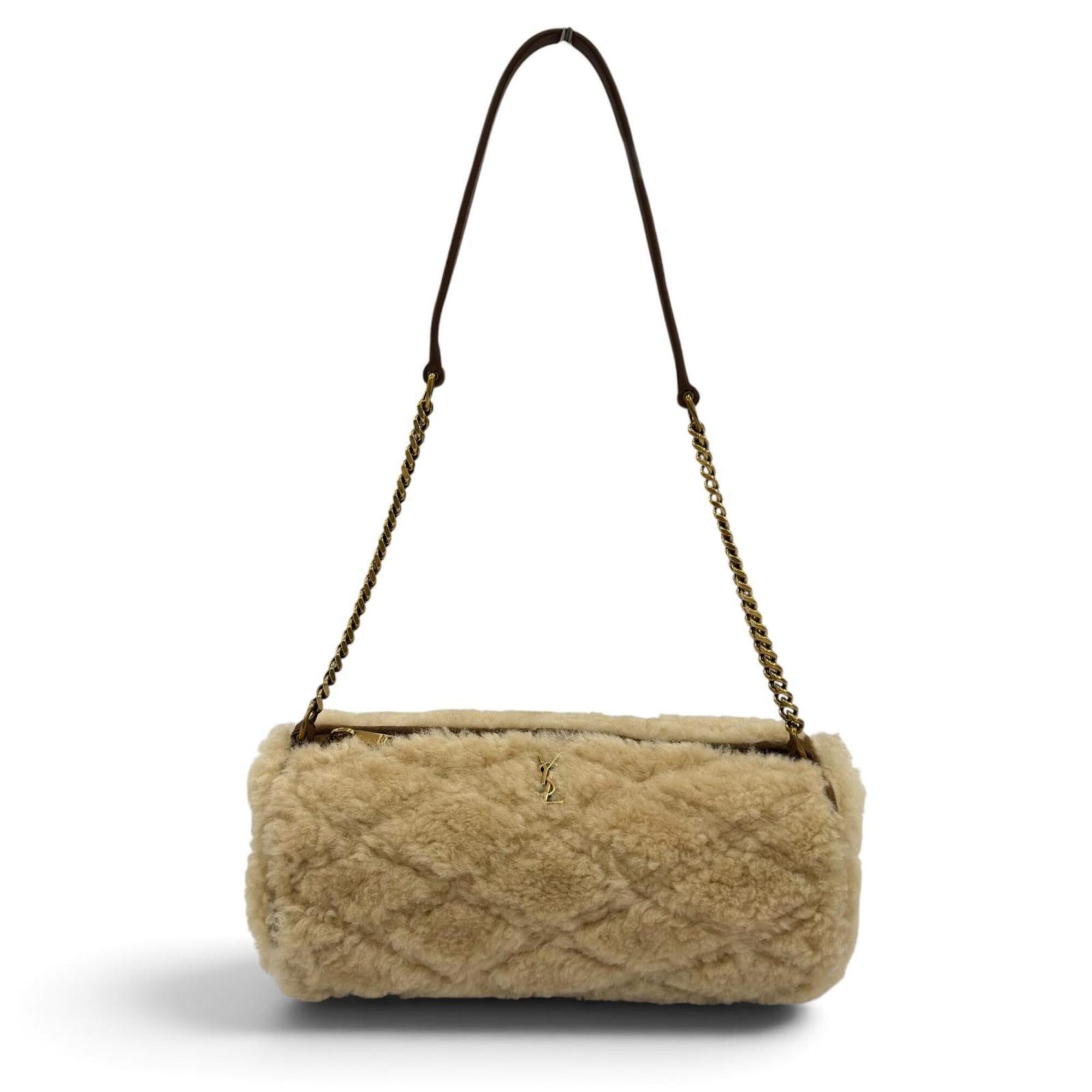 Yves Saint Laurent SAINT LAURENT PARIS 699703 Sade Mini Tube Bag, Shearling Chain Shoulder Handbag, Beige/Brown, Made in Italy, Women's — Like New