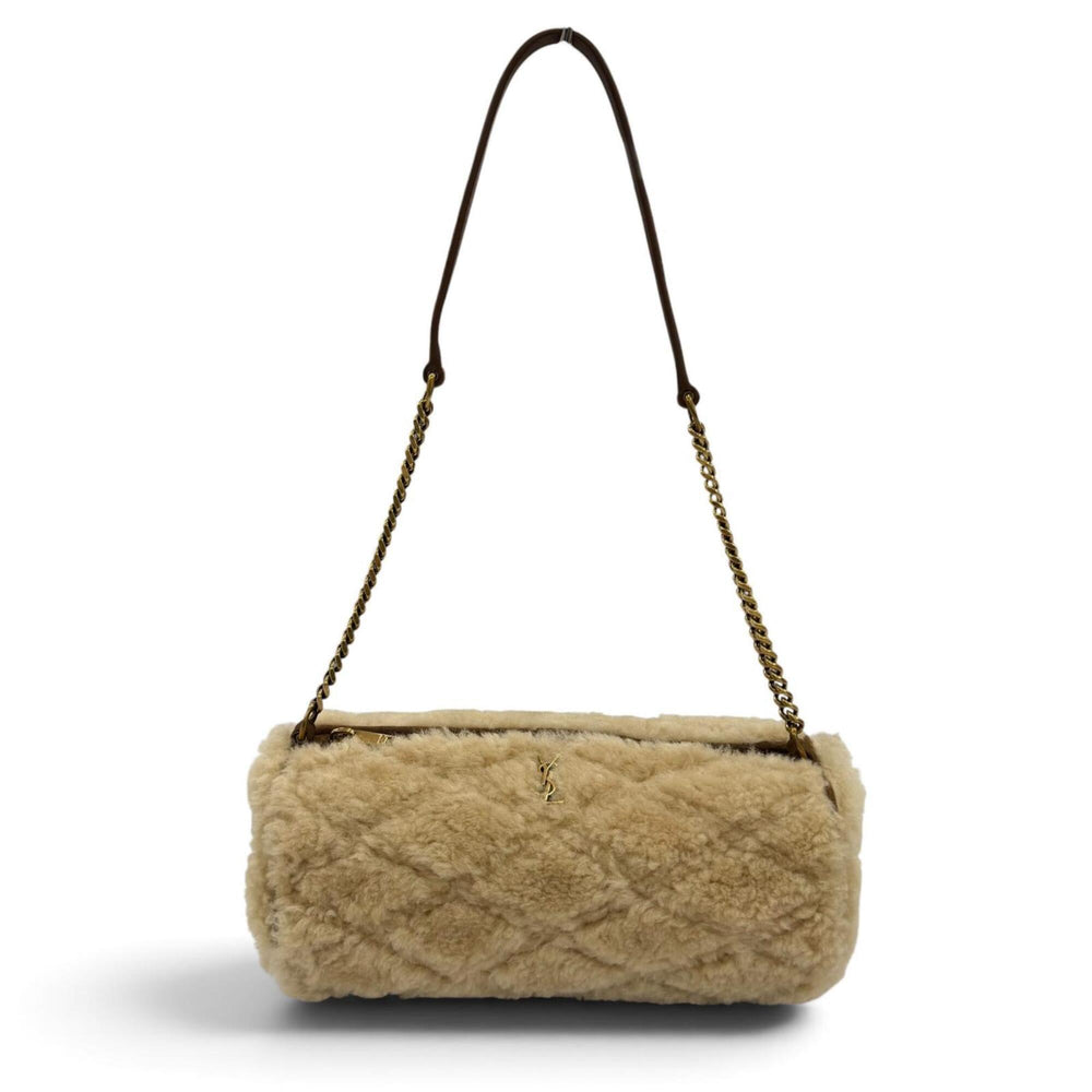 Yves Saint Laurent SAINT LAURENT PARIS 699703 Sade Mini Tube Bag, Shearling Chain Shoulder Handbag, Beige/Brown, Made in Italy, Women's — Like New