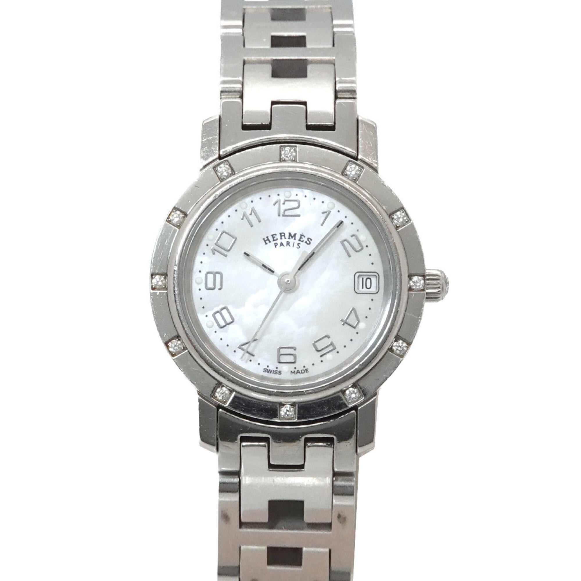 Hermes Clipper Nacre CL4 230 Women's Watch, 12-Diamond Bezel, White Shell, Quartz Watch — Very Good