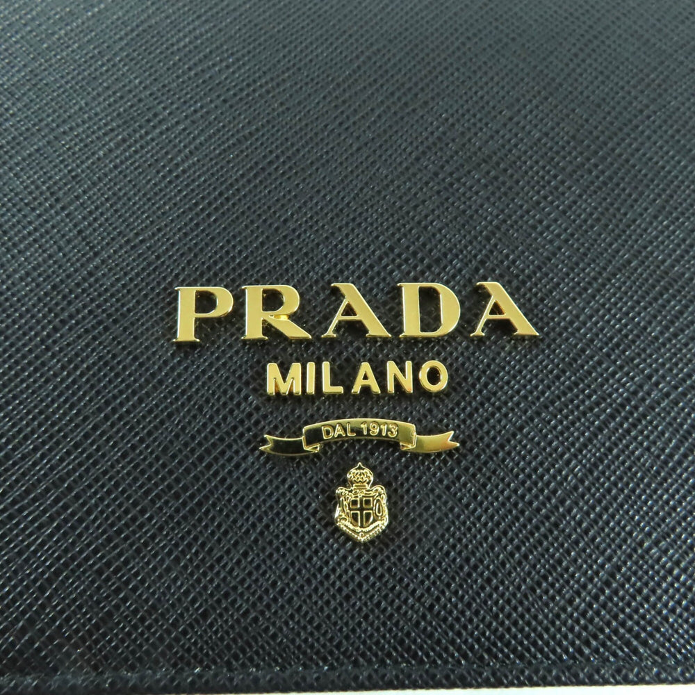 PRADA 1BP053 Saffiano Leather Mini Bag with Triangle Chain, Shoulder Bag, Black, Made in Italy, Women's — Like New